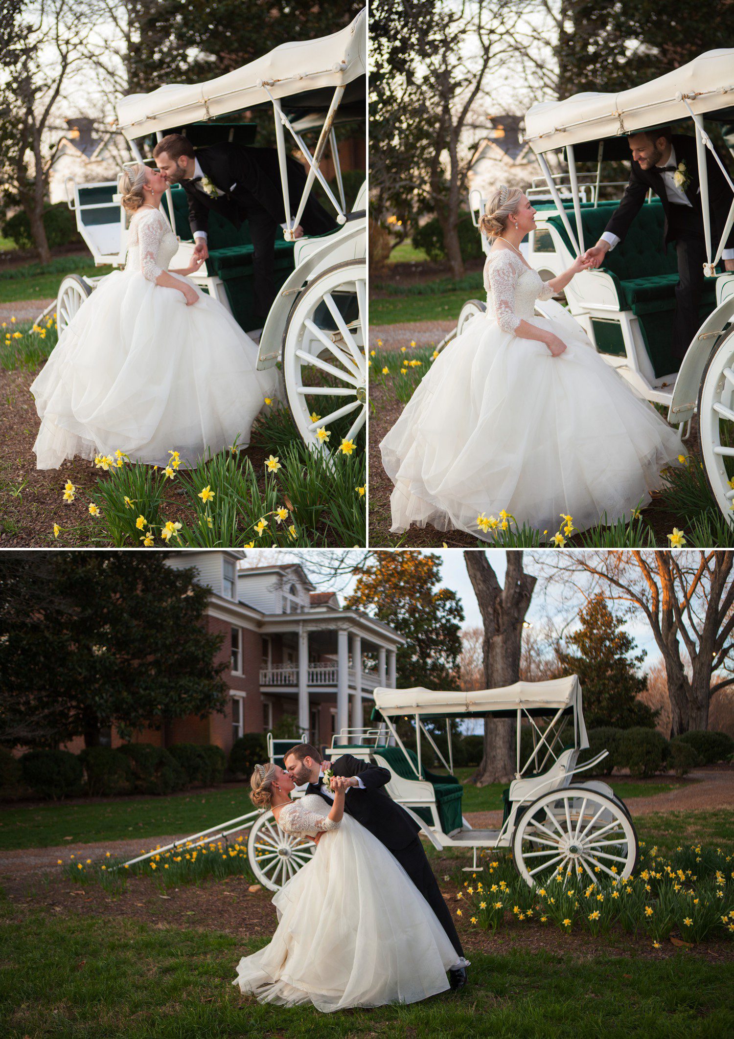 Bride and groom after wedding outside antebellum mansion in carriage at Homestead Manor in Thompsons Station, TN / Krista Lee Photography