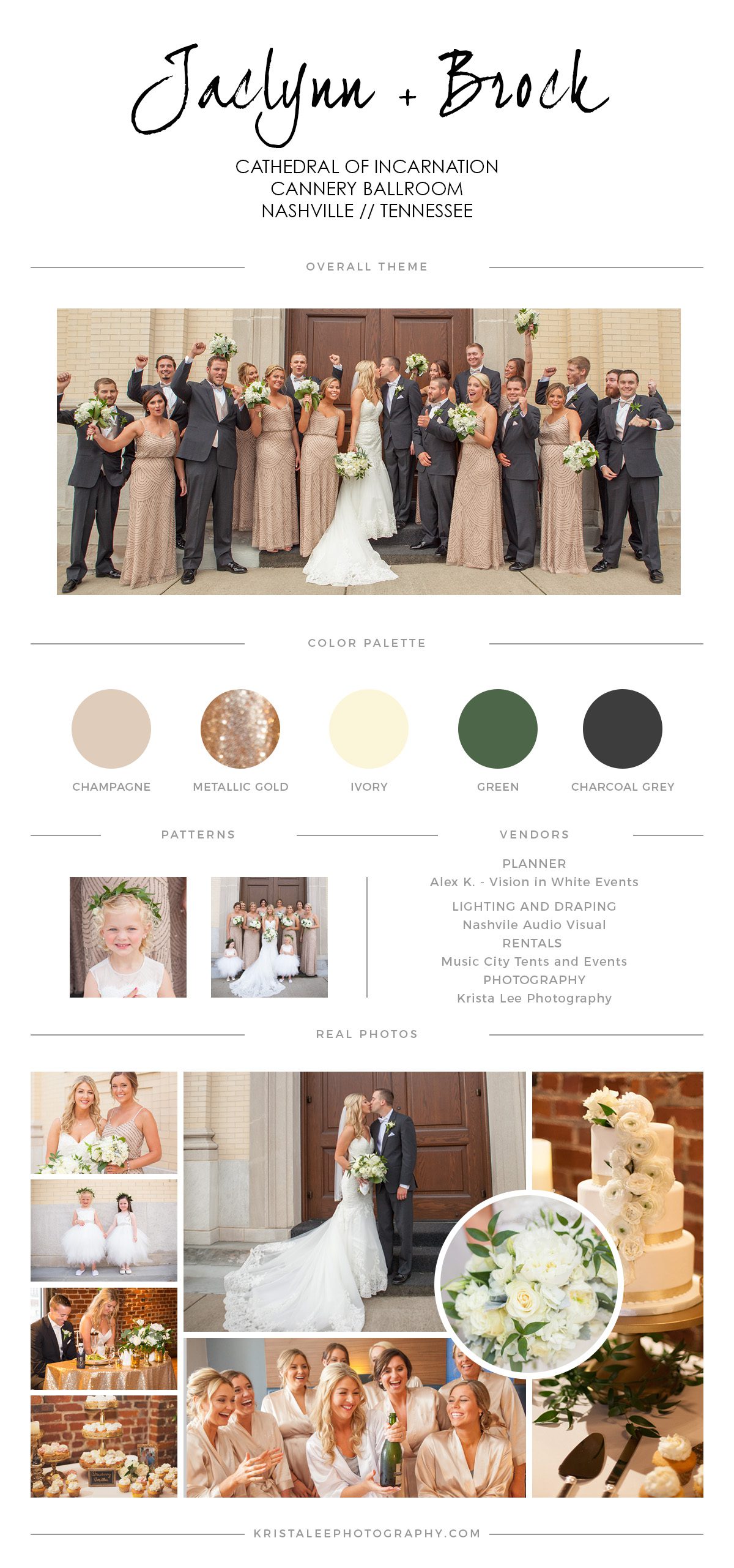 cathedral of incarnation wedding and cannery ballroom reception collage of wedding colors and details