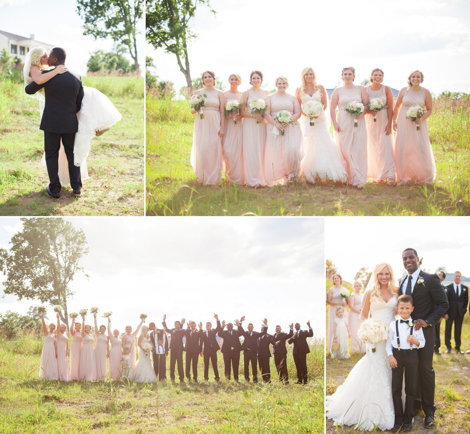 Photos of bridal party and bride and groom in field at Beautiful summer wedding at Foxland Harbor in Gallatin, TN overlooking Old Hickory Lake. Wedding photos by Krista Lee Photography