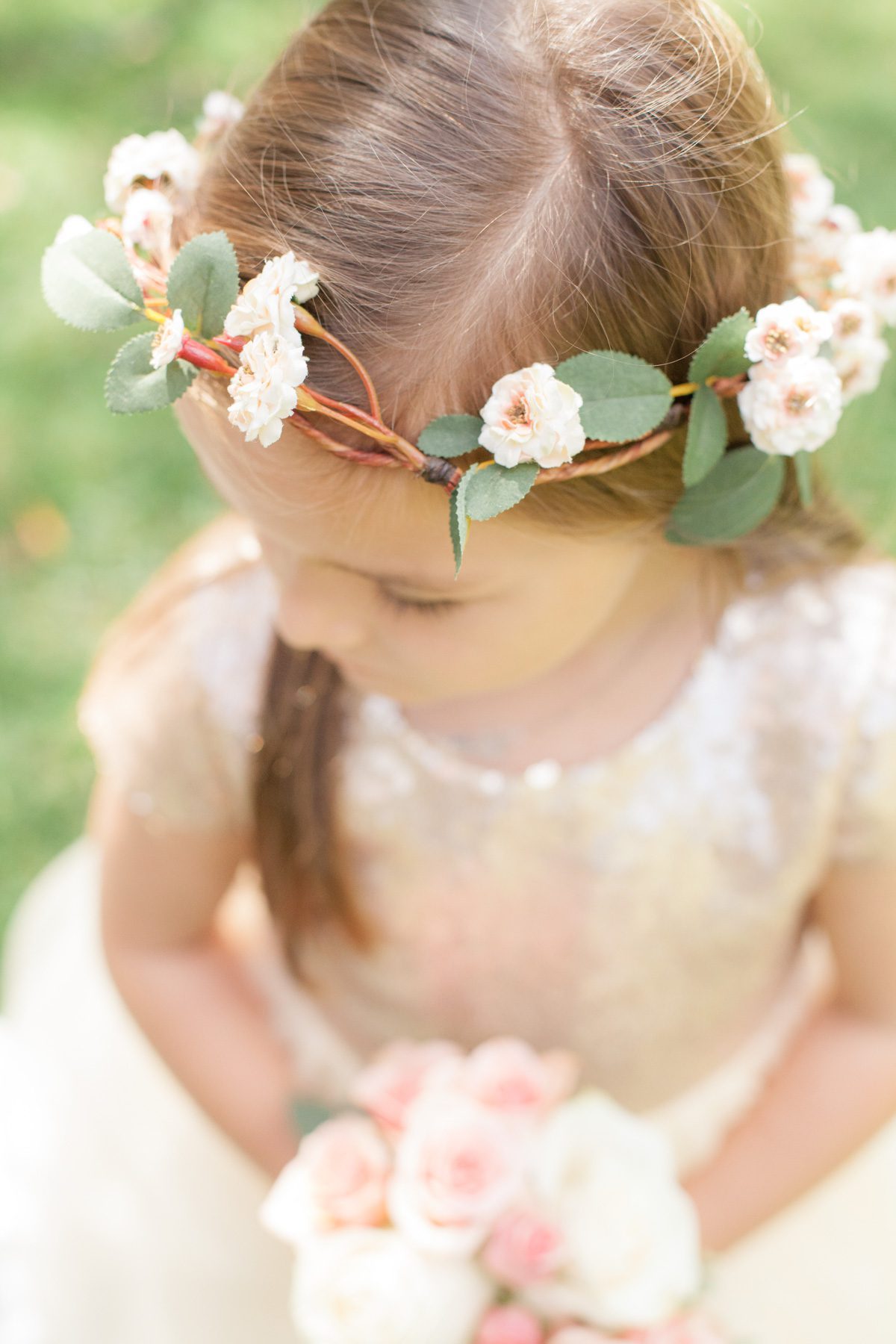 Beautiful flower headpiece on flower girl at Butterfly Hollow wedding in Gordonsville, TN / Photography by Krista Lee