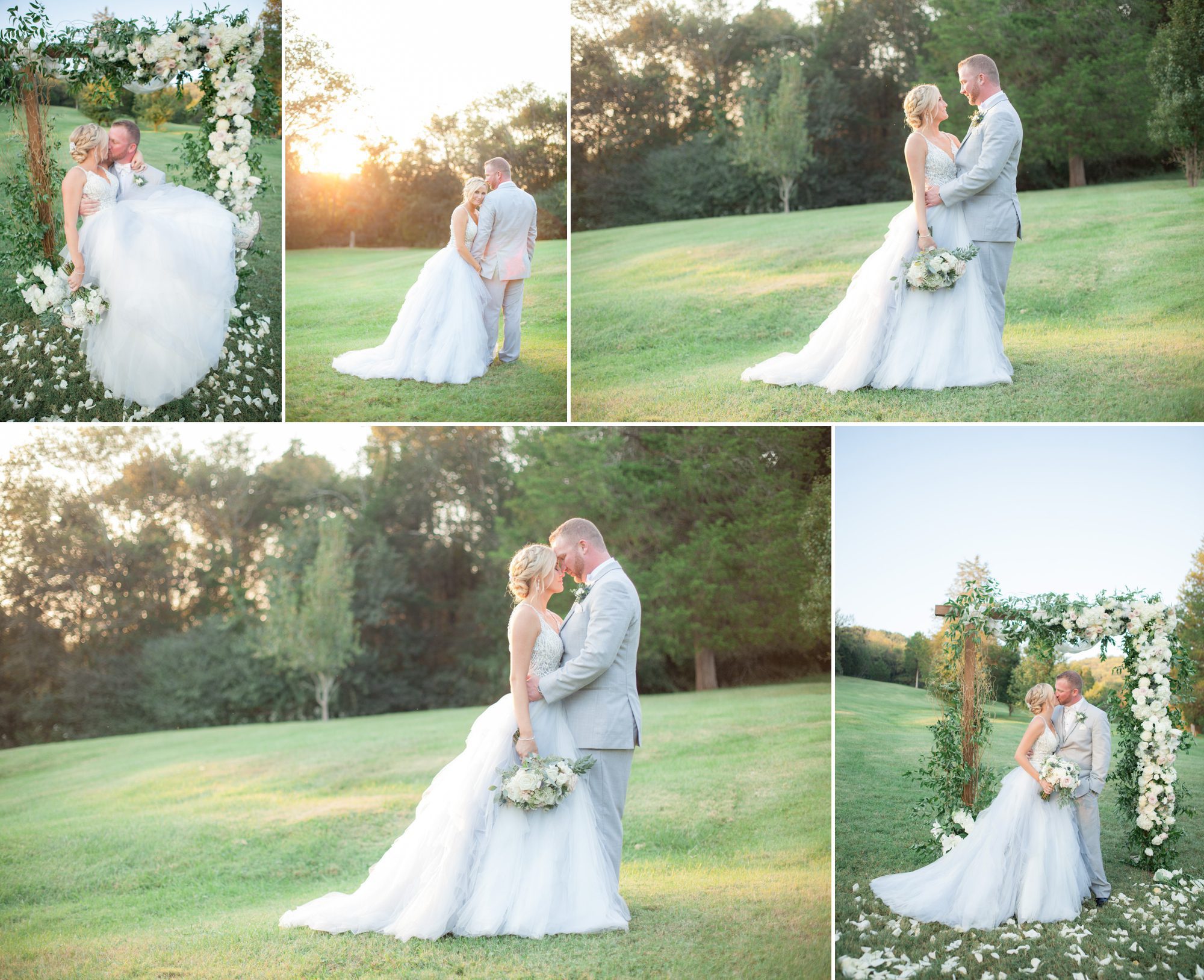 Photos of bride and groom at sunset after their wedding ceremony. Wedding photography at Cedarwood Weddings and Estate in Nashville, TN photography by Krista Lee Photography