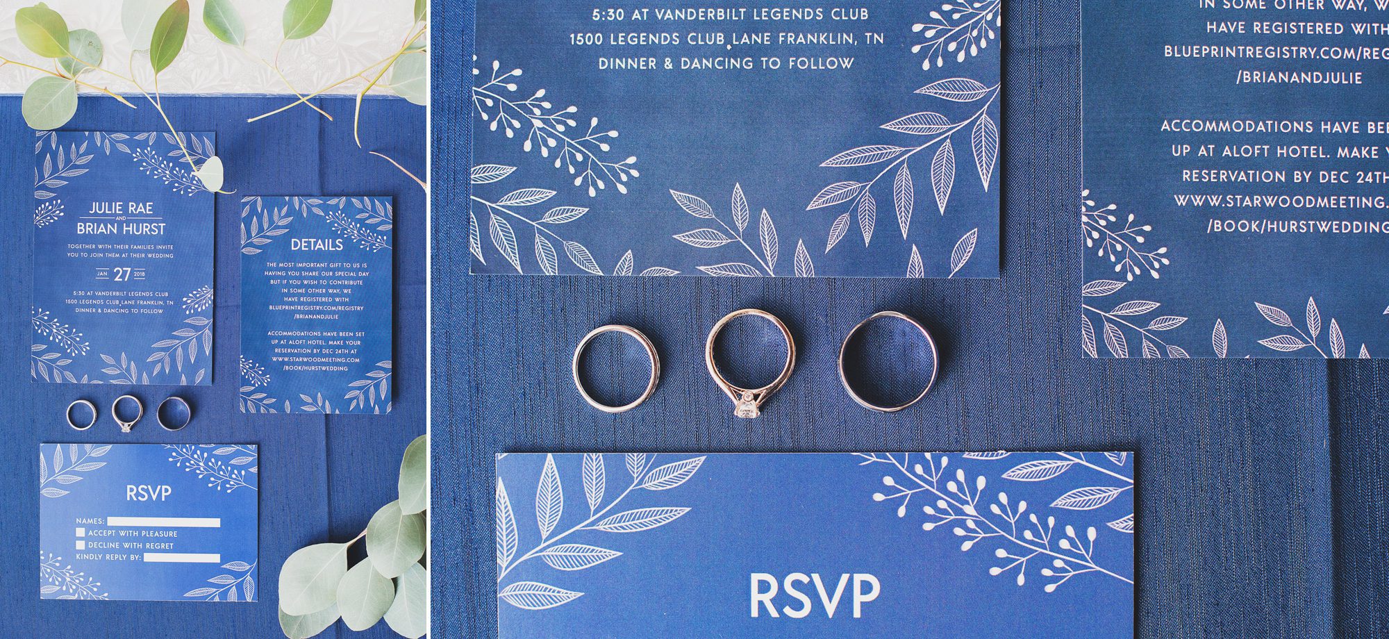 Navy blue wedding invitations and rings before wedding ceremony. Winter wedding at Vanderbilt Legends Golf Course in Brentwood TN, photos by Krista Lee Photography