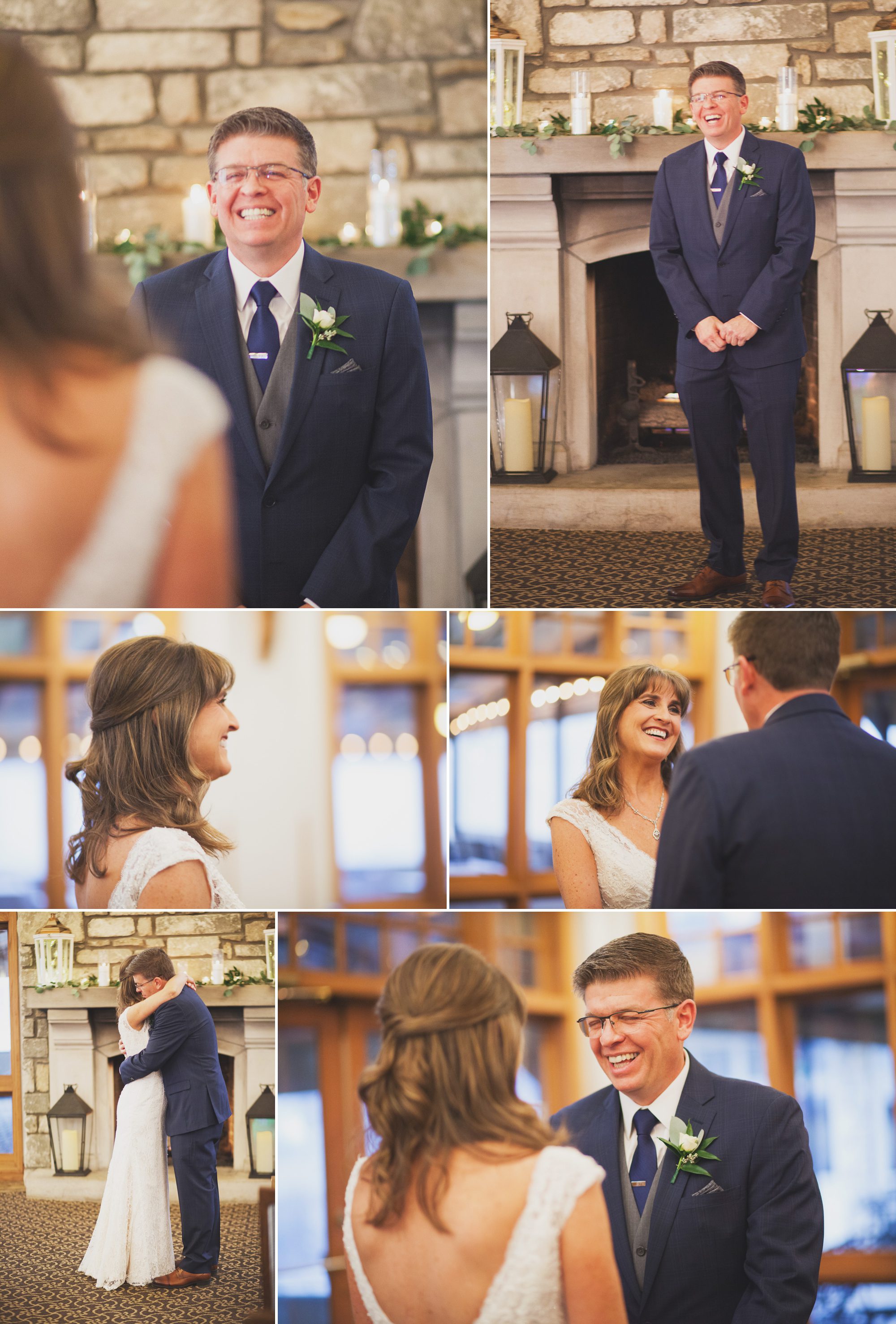 First look in front of mantle in clubhouse. Winter wedding at Vanderbilt Legends Golf Course in Brentwood TN, photos by Krista Lee Photography