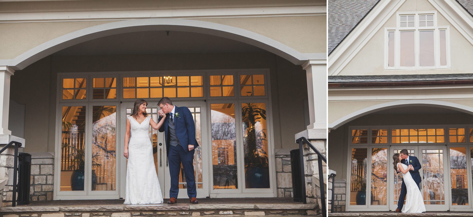 Bride and groom photos in front of the clubhouse. Winter wedding at Vanderbilt Legends Golf Course in Brentwood TN, photos by Krista Lee Photography