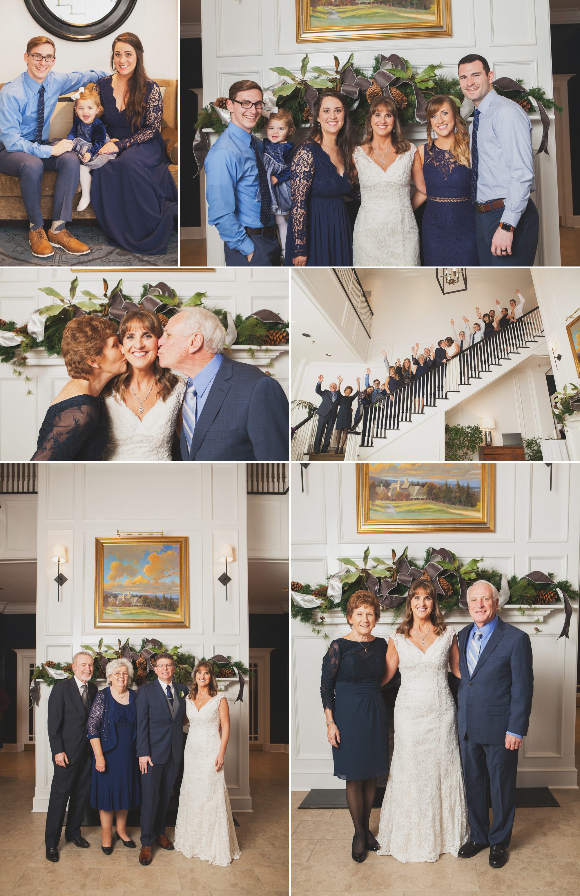 Formal family photos before wedding in clubhouse. Winter wedding at Vanderbilt Legends Golf Course in Brentwood TN, photos by Krista Lee Photography