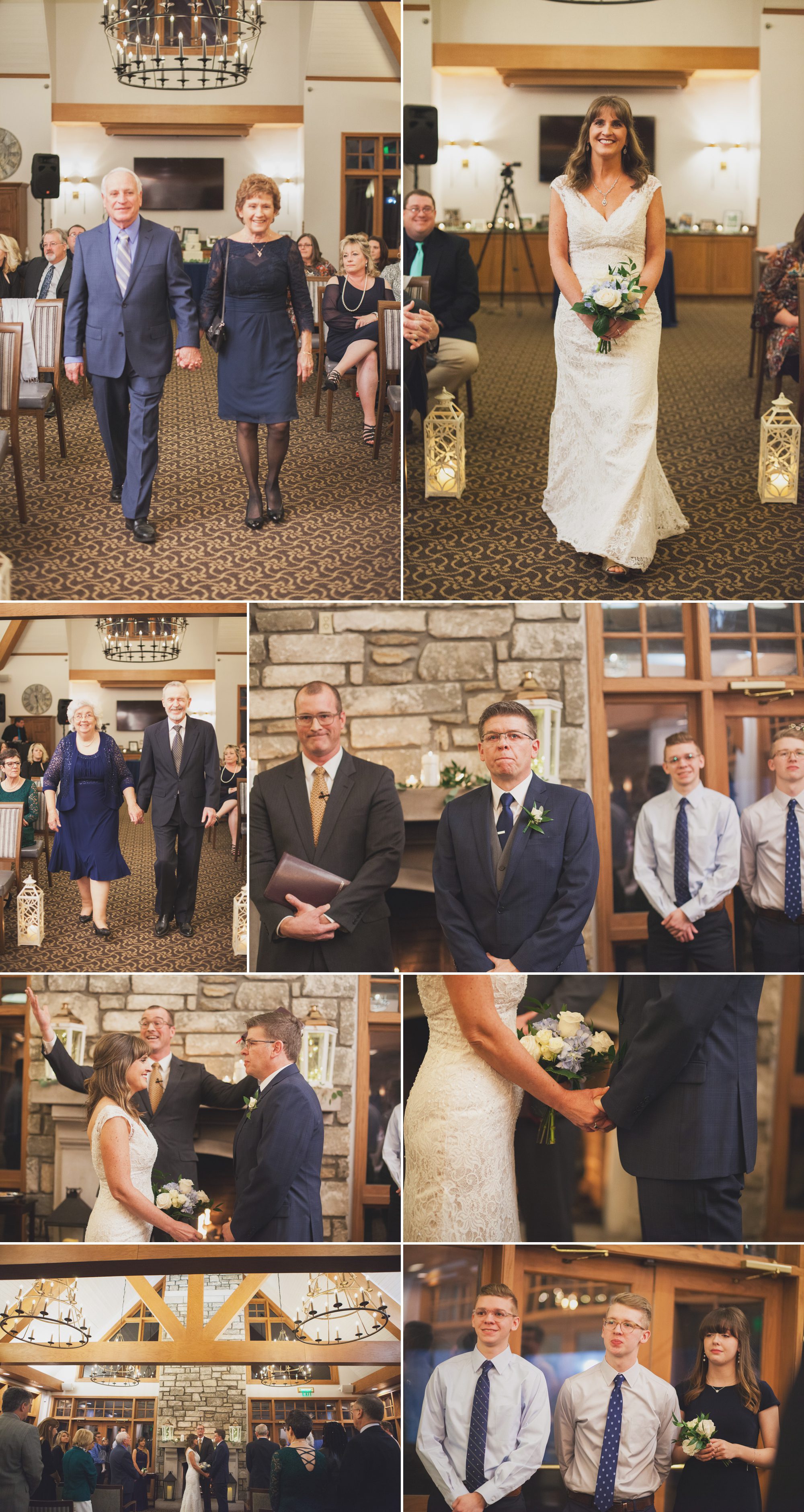 Wedding ceremony, processional into wedding at clubhouse. Winter wedding at Vanderbilt Legends Golf Course in Brentwood TN, photos by Krista Lee Photography