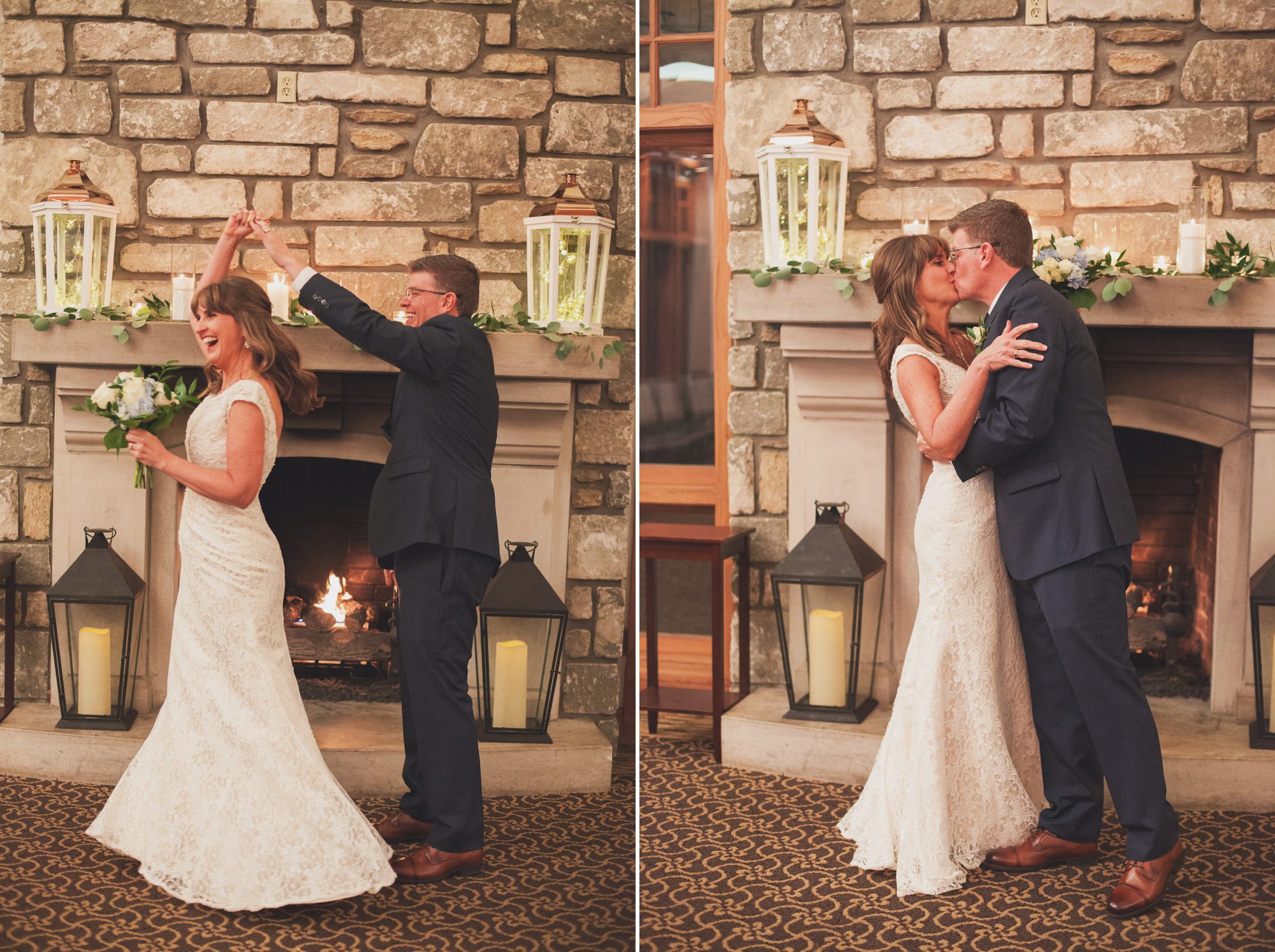 Groom spins bride in front of fireplace and mantle in clubhouse. Winter wedding at Vanderbilt Legends Golf Course in Brentwood TN, photos by Krista Lee Photography