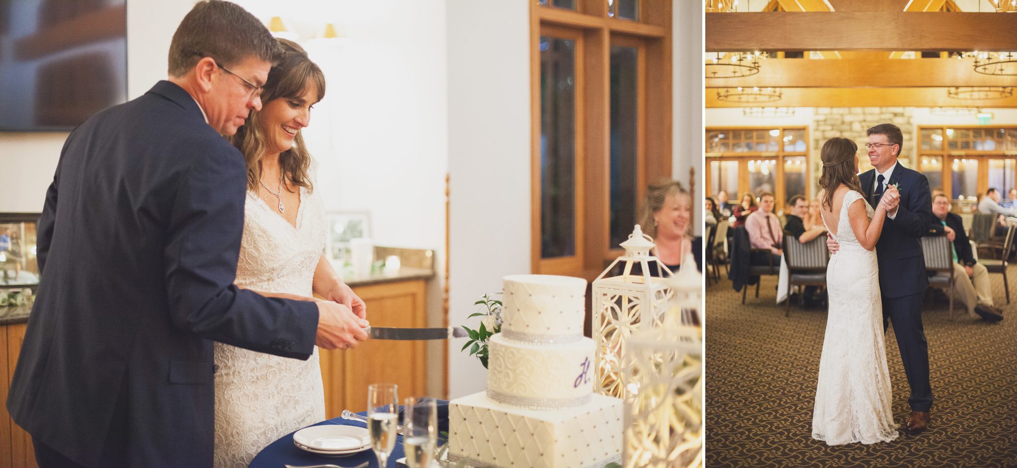 Bride and groom cutting cake after wedding ceremony in clubhouse. Winter wedding at Vanderbilt Legends Golf Course in Brentwood TN, photos by Krista Lee Photography