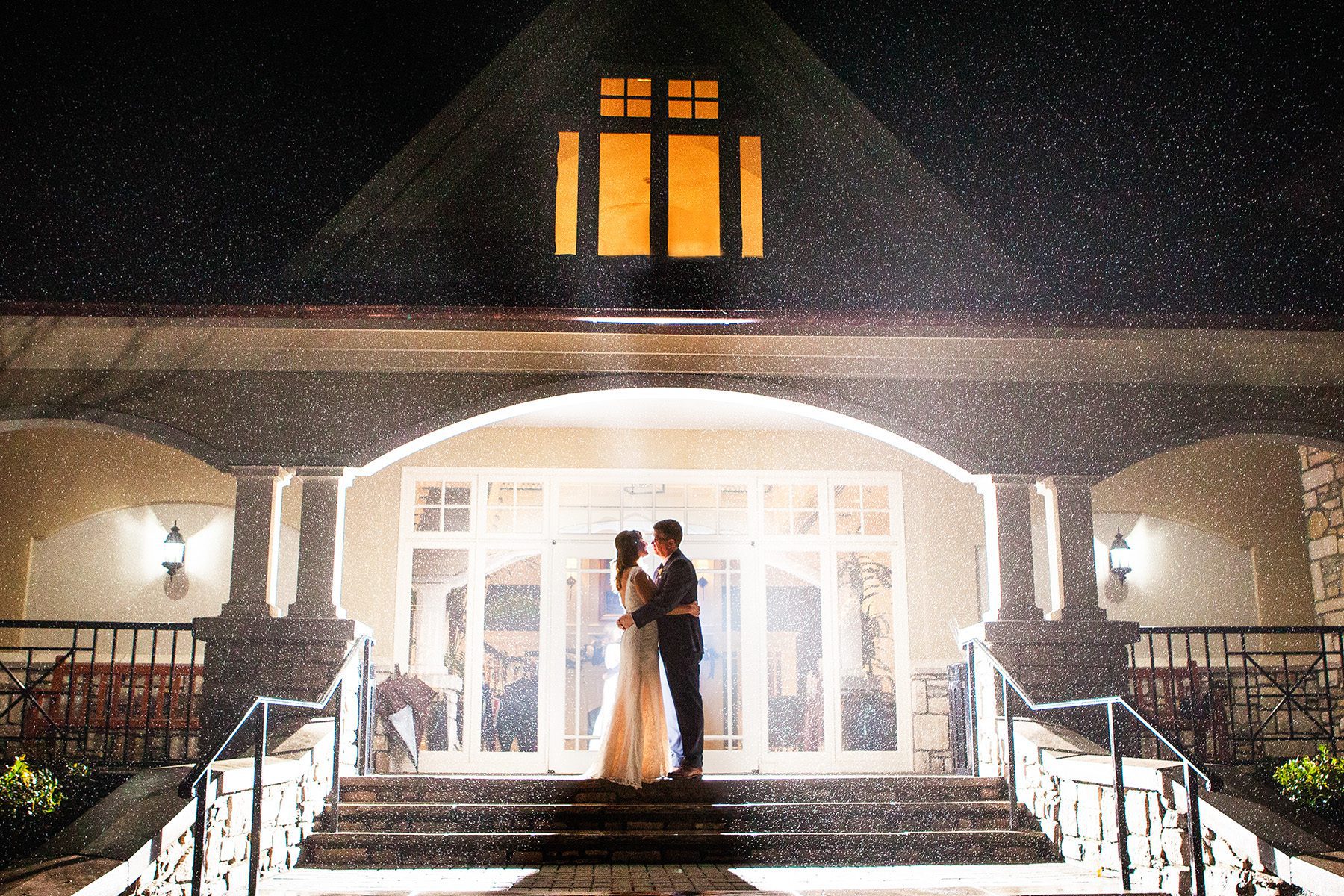 Bride and groom in front of clubhouse. Winter wedding at Vanderbilt Legends Golf Course in Brentwood TN, photos by Krista Lee Photography