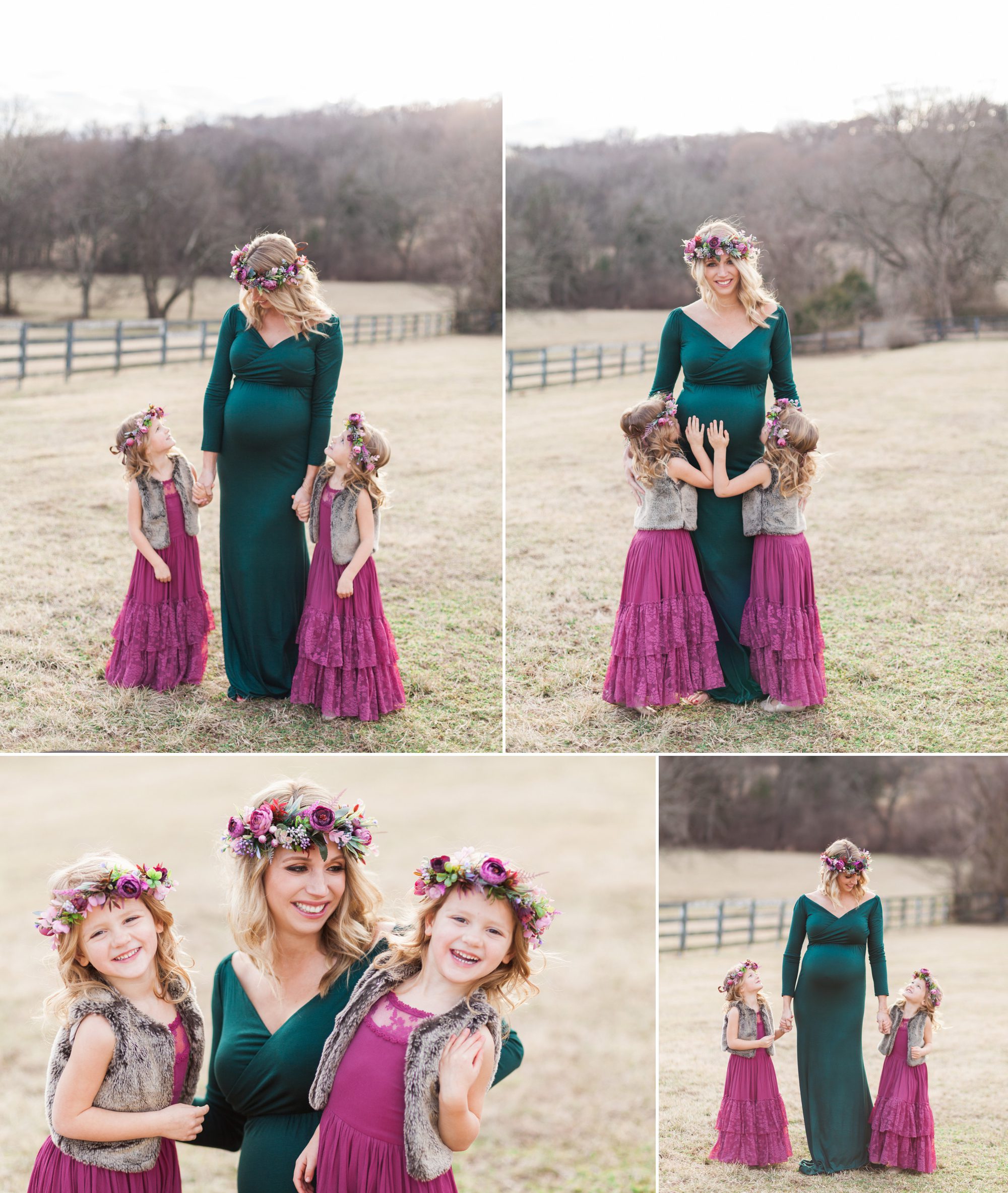 Mom with Daughters in field. Winter Family Maternity Photo Session in Brentwood, TN. Photo by Krista Lee Photography Nashville TN