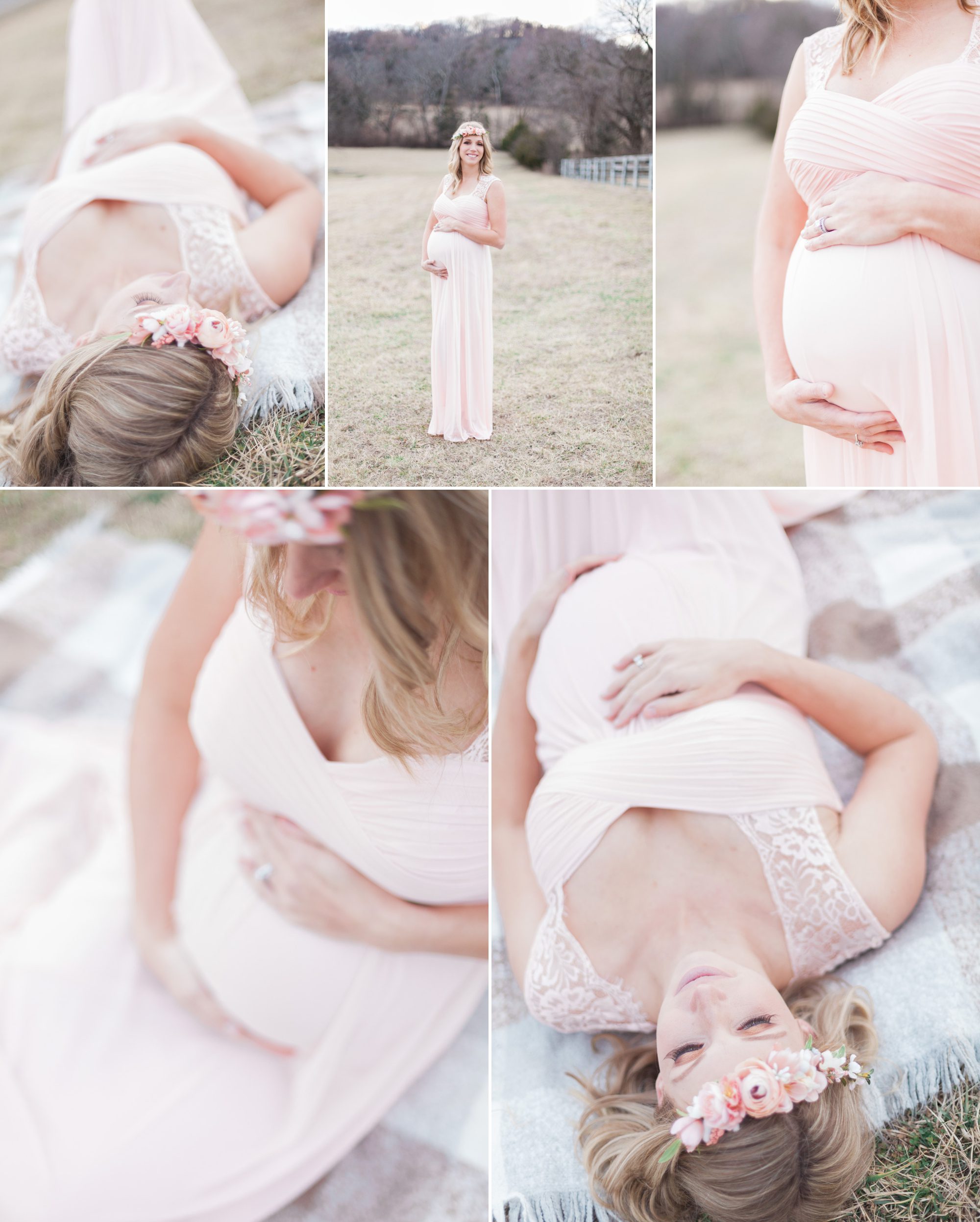 Expecting mom with maternity dress and flower crown. Winter Family Maternity Photo Session in Brentwood, TN. Photo by Krista Lee Photography Nashville TN