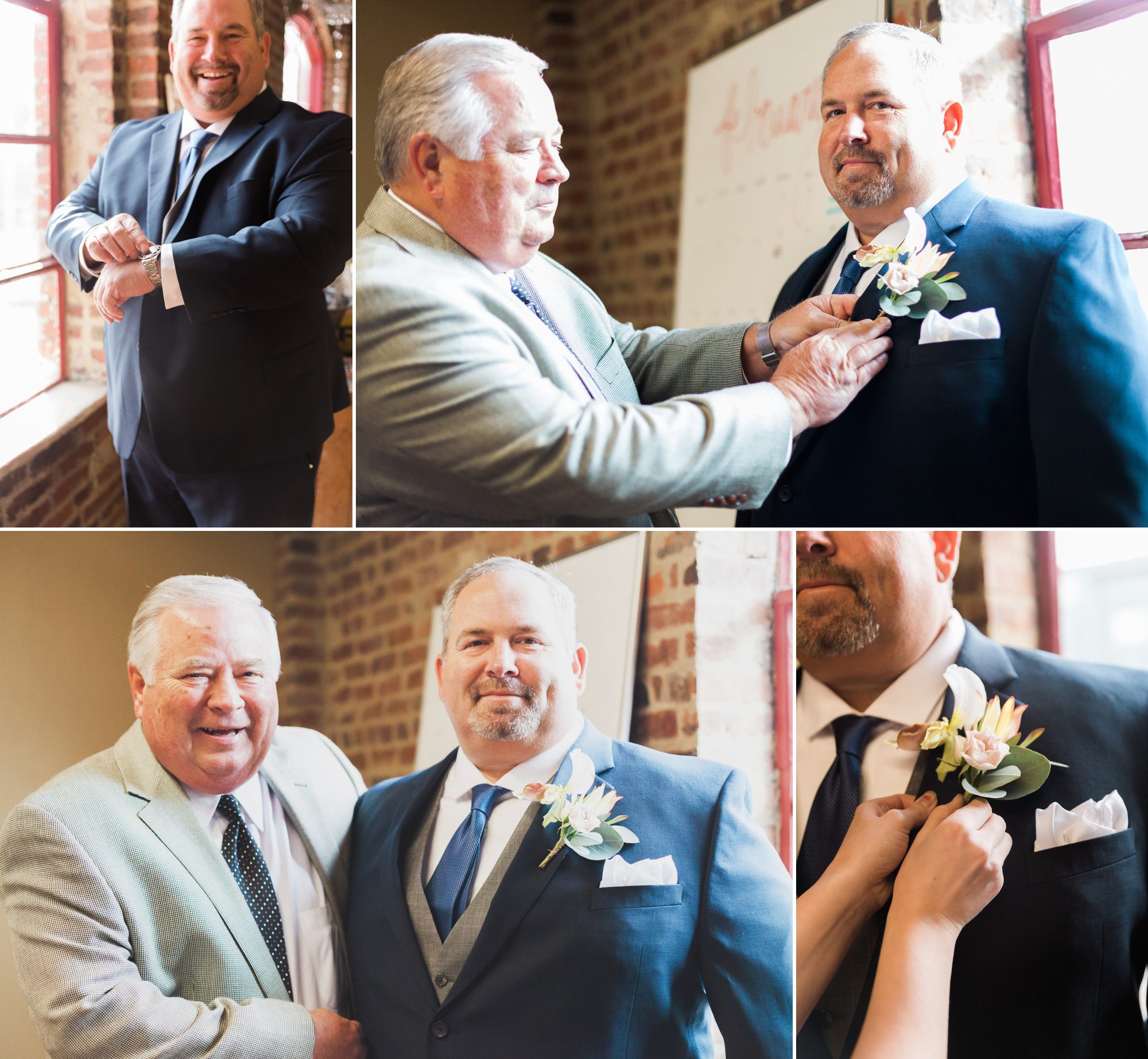 Groom getting ready with father before wedding ceremony  at Houston Station, Nashville TN. Photos by Krista Lee Photography.