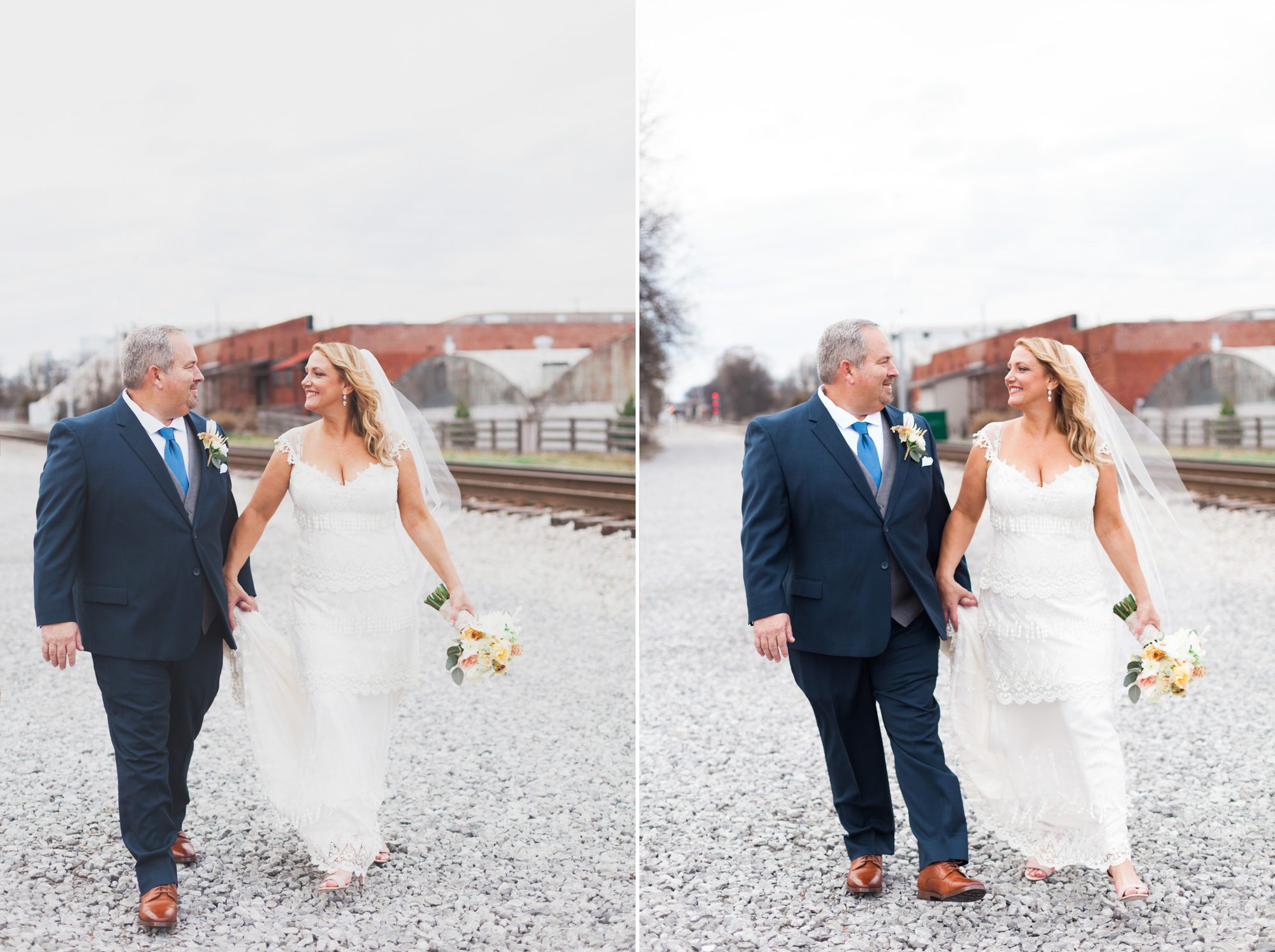 Bride and groom walk along railroad tracks before ceremony  at Houston Station, Nashville TN. Photos by Krista Lee Photography.