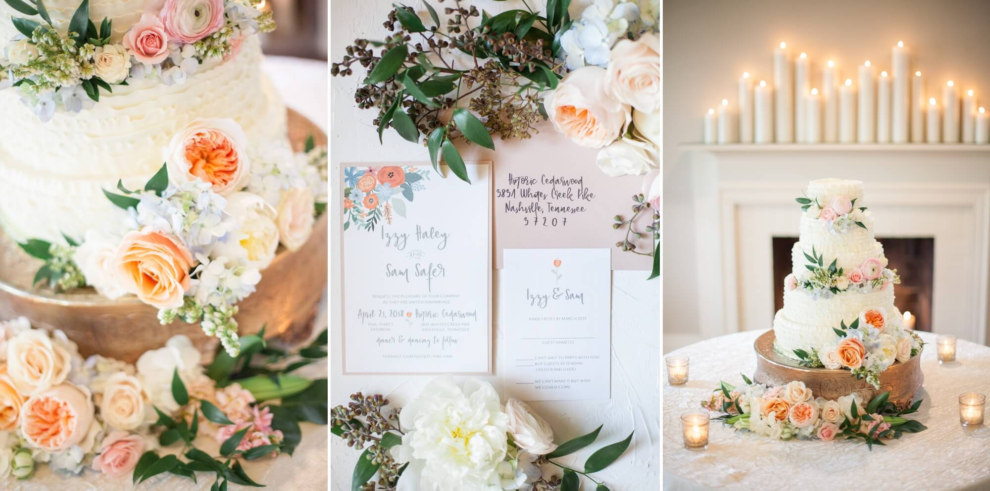 Cake and beautiful invitations at Spring wedding at Cedarwood Weddings in Nashville, TN. Photo by Krista Lee Photography, from Sam and Izzy's wedding day.