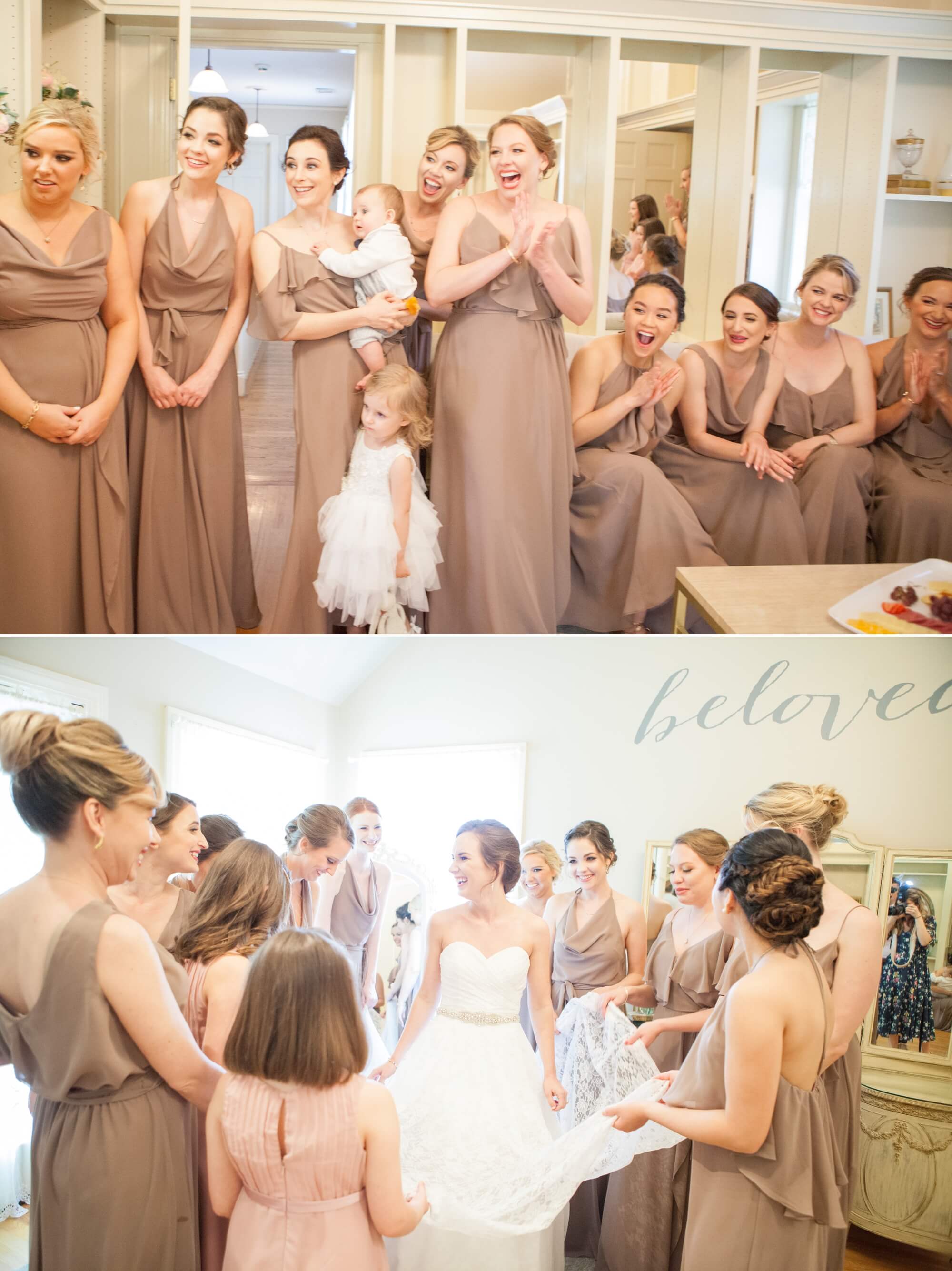 Bridal party reacts to bride in wedding dress. Spring wedding at Cedarwood Weddings in Nashville, TN. Photo by Krista Lee Photography, from Sam and Izzy's wedding day.