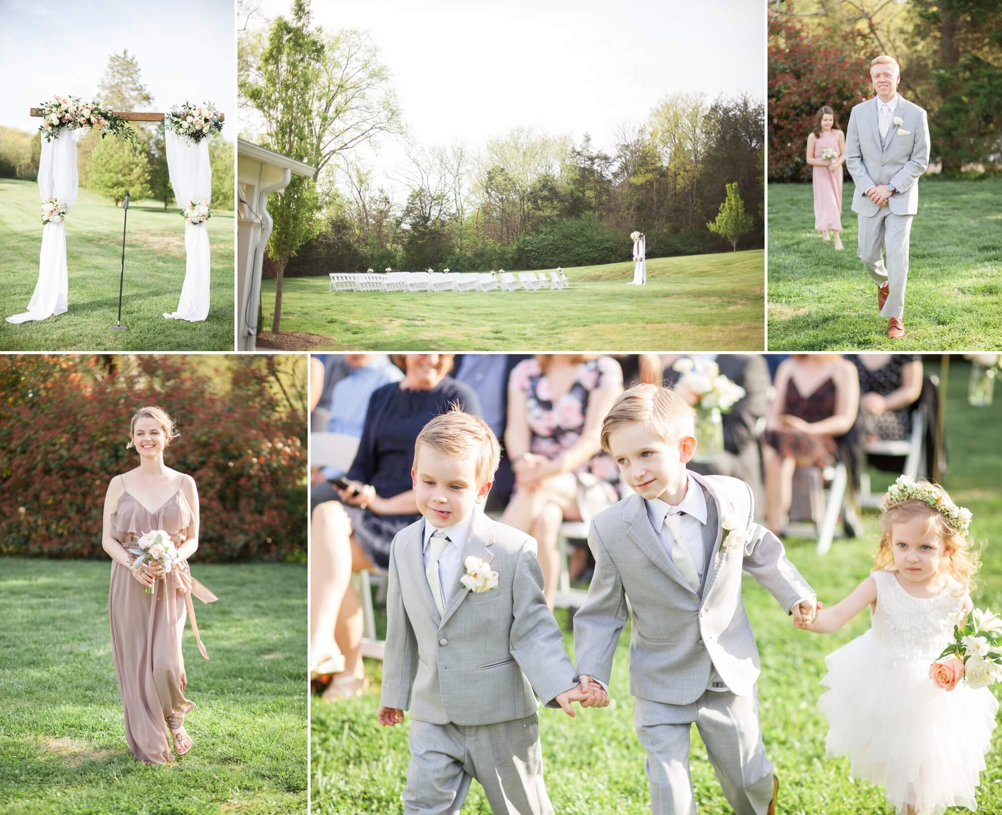 Bridal party, flower girl and ring bearer enter wedding ceremony. Spring wedding at Cedarwood Weddings in Nashville, TN. Photo by Krista Lee Photography, from Sam and Izzy's wedding day.