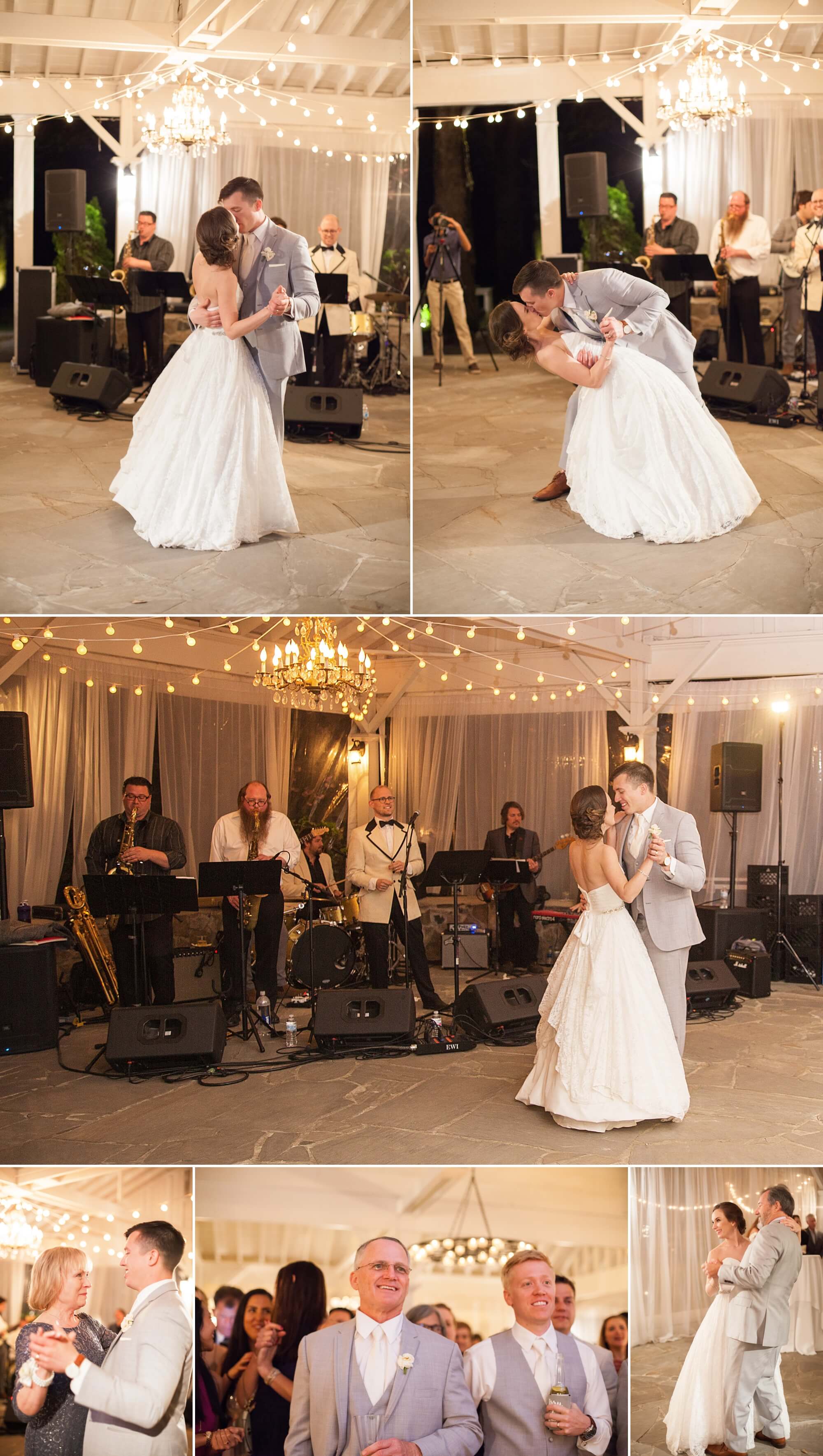 Bride and groom share first dances in front of the band. Spring wedding at Cedarwood Weddings in Nashville, TN. Photo by Krista Lee Photography, from Sam and Izzy's wedding day.
