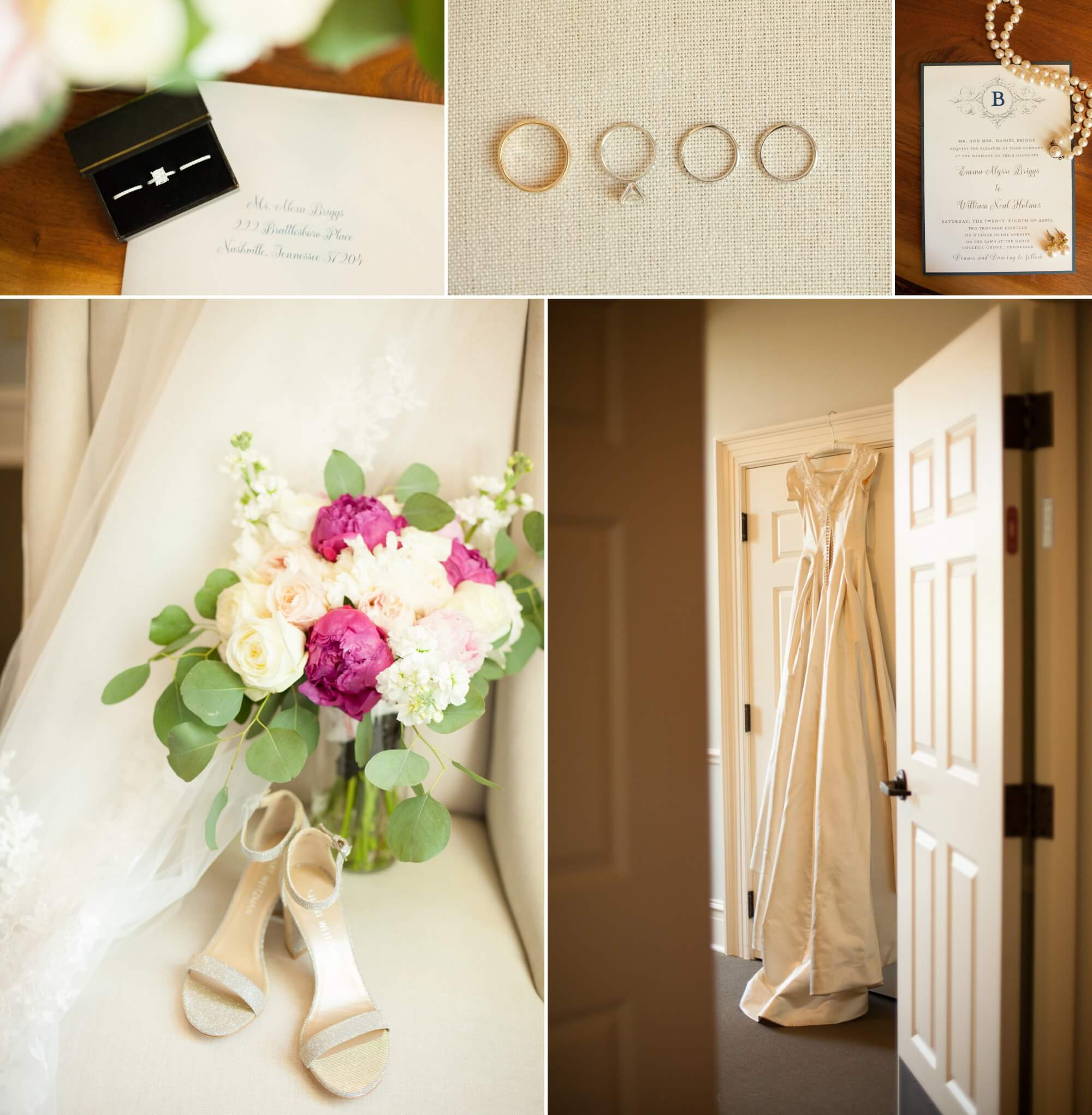Wedding dress, rings and details before Emma and Will's wedding at The Grove golf course in College Grove, TN. Photos by Krista Lee Photography. 