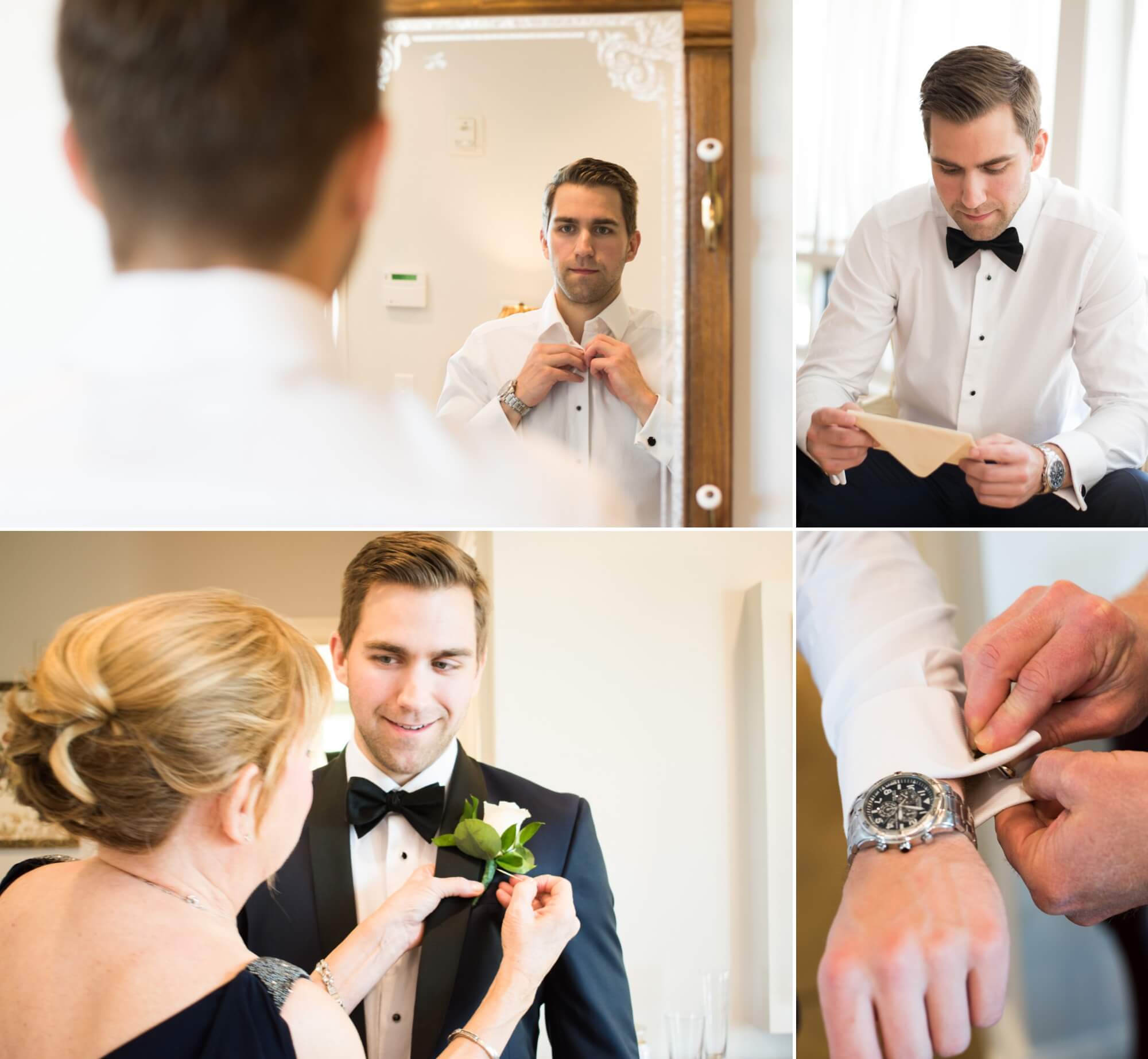Groom gets boutineer pinned and gets ready before wedding at The Grove golf course in College Grove, TN. Photos by Krista Lee Photography. 