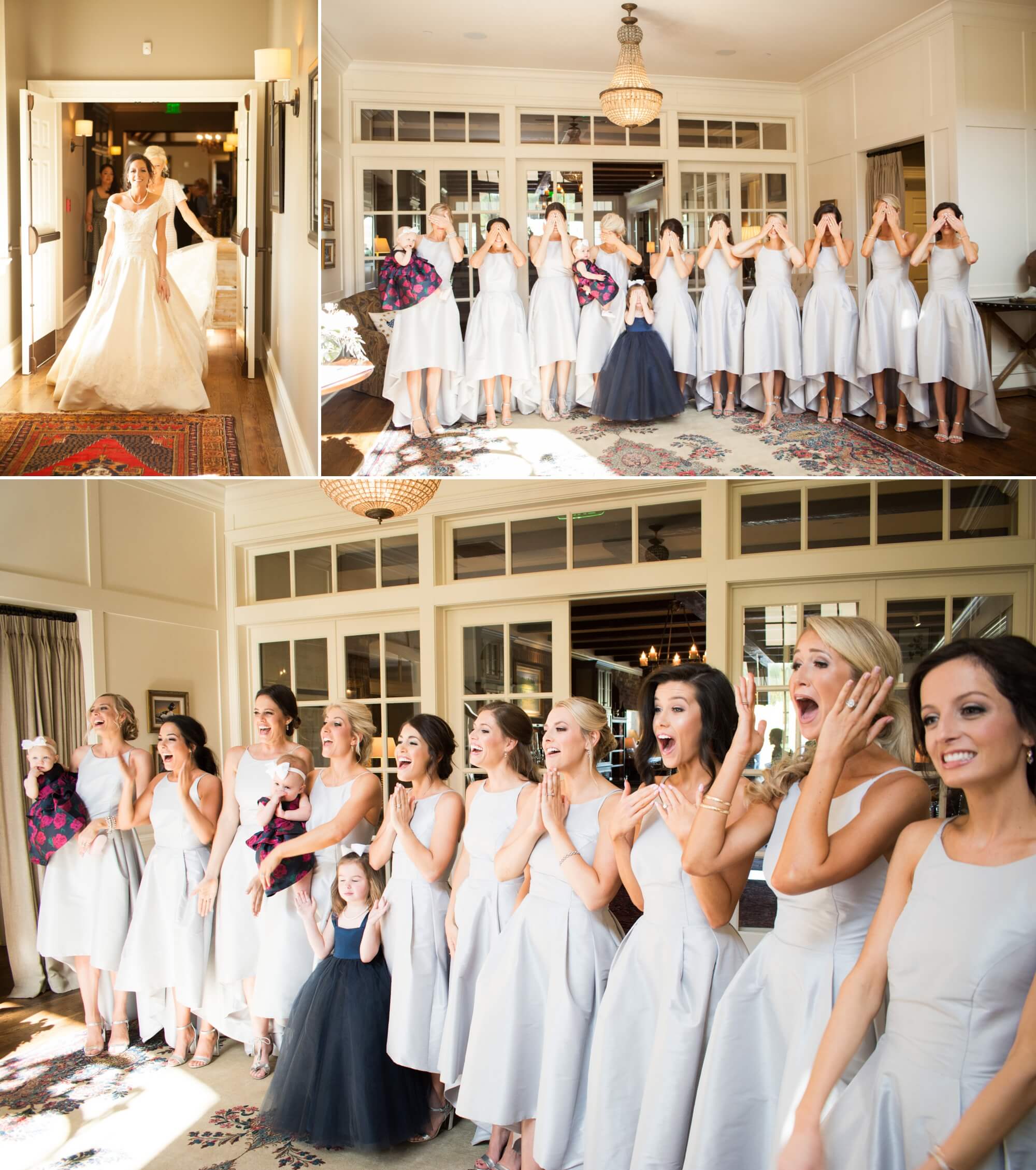 Bridesmaids react to seeing Emma in her wedding dress at The Grove golf course in College Grove, TN. Photos by Krista Lee Photography. 