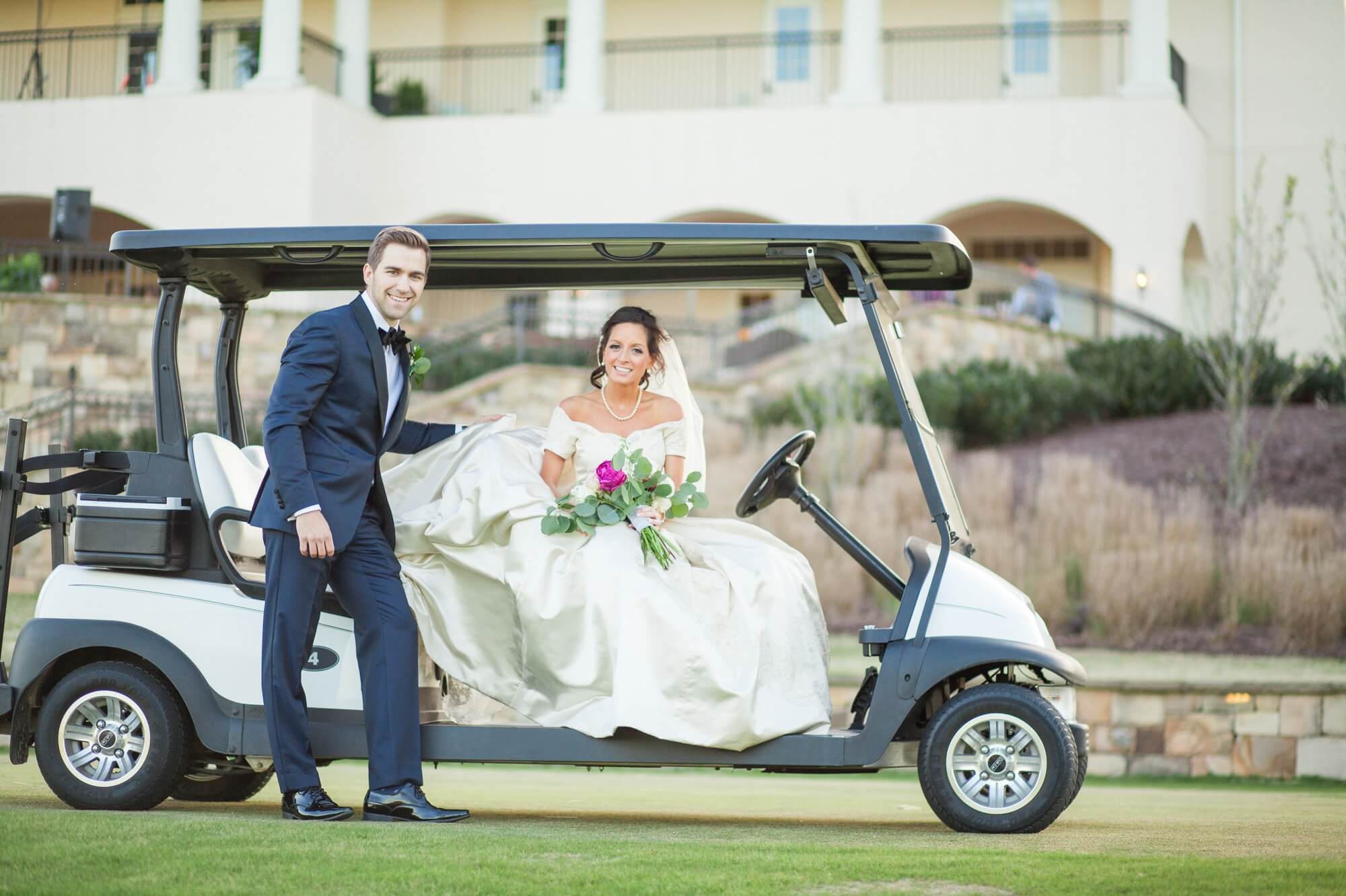 Bride and groom photos on golf cart after ceremony at The Grove golf course in College Grove, TN. Photos by Krista Lee Photography. 