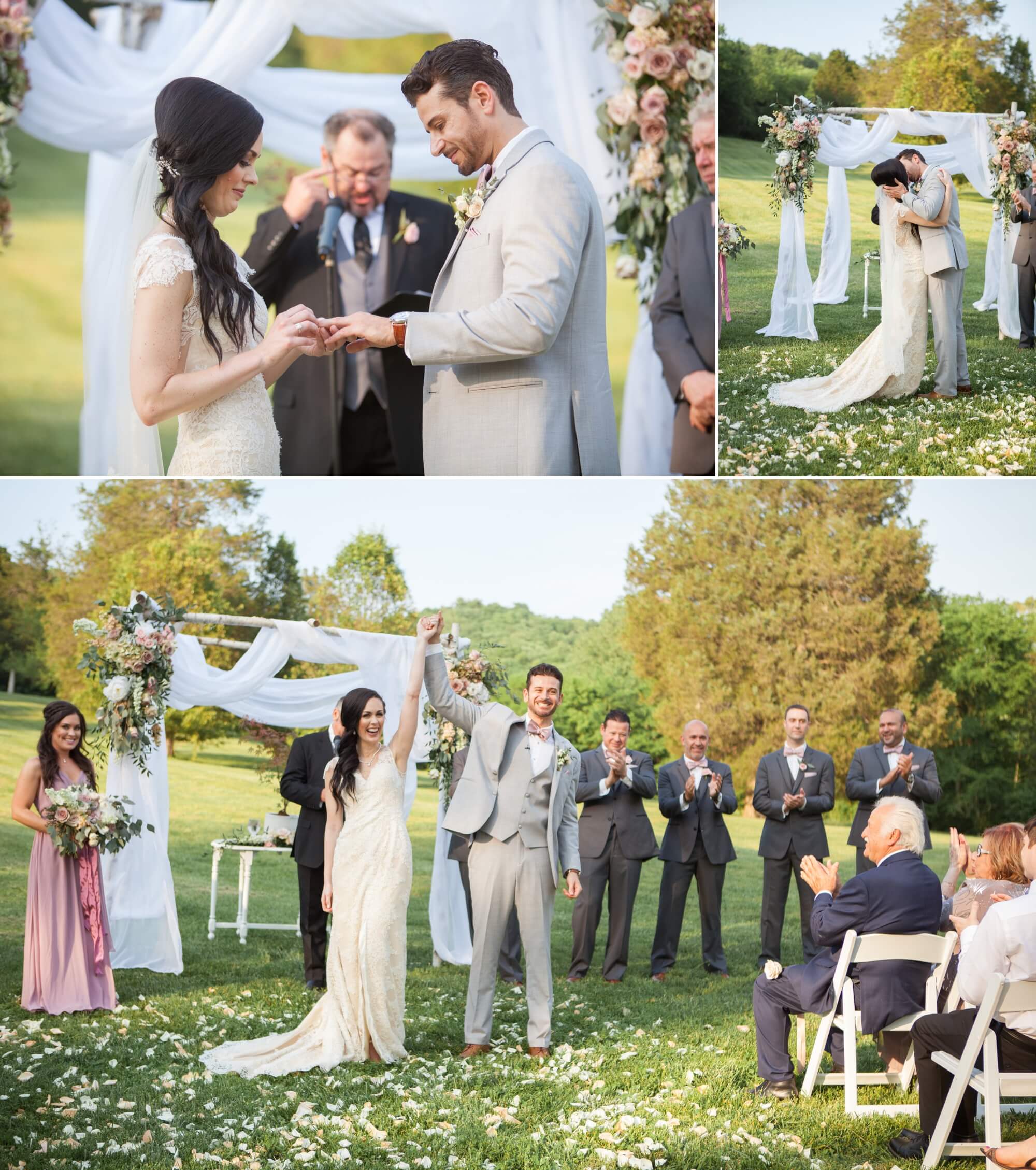 Exchanging rings and vows, during wedding ceremony at David and Jennifer's Cedarwood spring wedding in Nashville TN, photography by Krista Lee. 