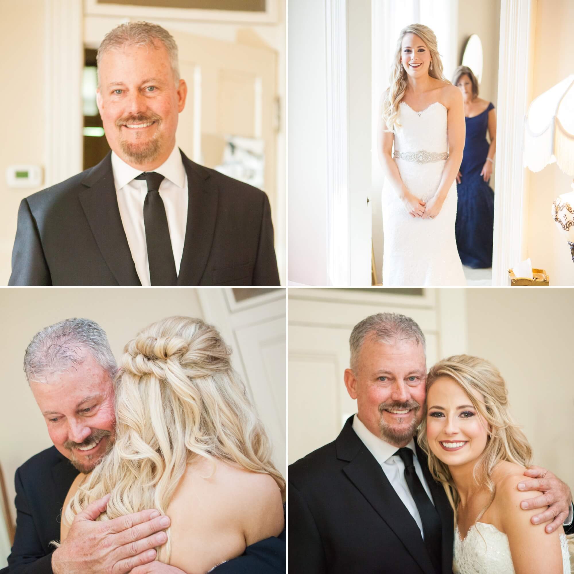 Bride does a first look with her dad before wedding ceremony at Riverwood Mansion in Nashville, Tennessee. Photography by Krista Lee.