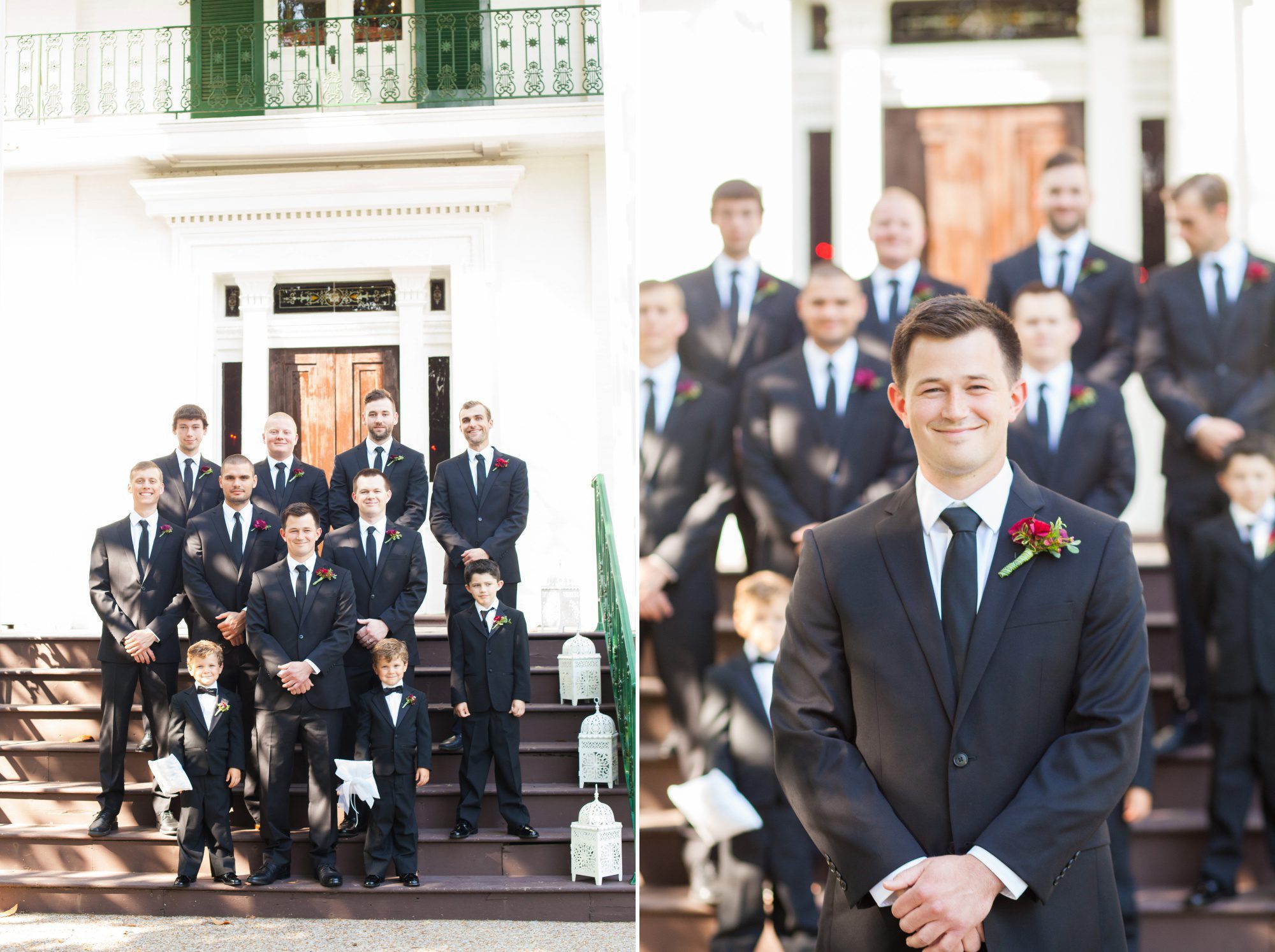 Groom and groomsmen do photos before wedding ceremony at Riverwood Mansion in Nashville, Tennessee. Photography by Krista Lee.