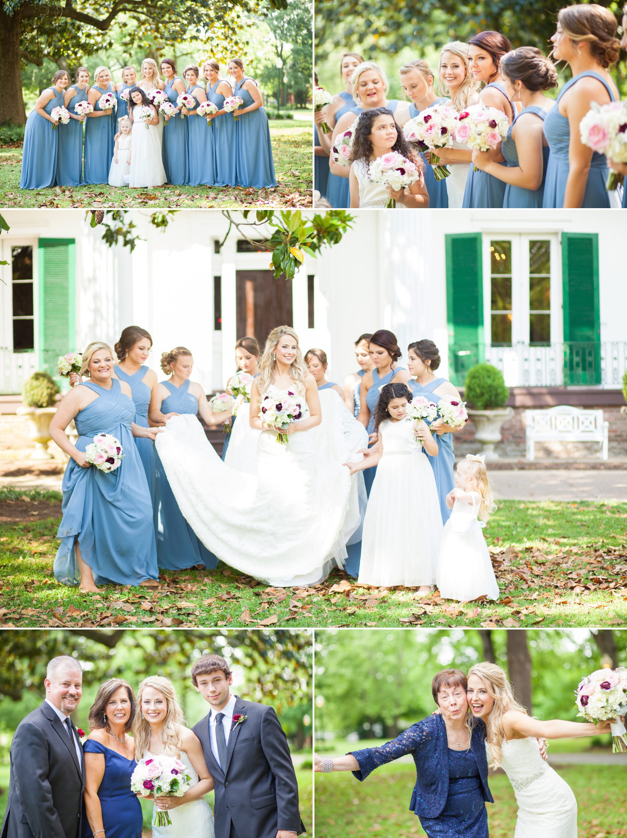 Bridesmaids and bride with family before wedding ceremony at Riverwood Mansion in Nashville, Tennessee. Photography by Krista Lee.
