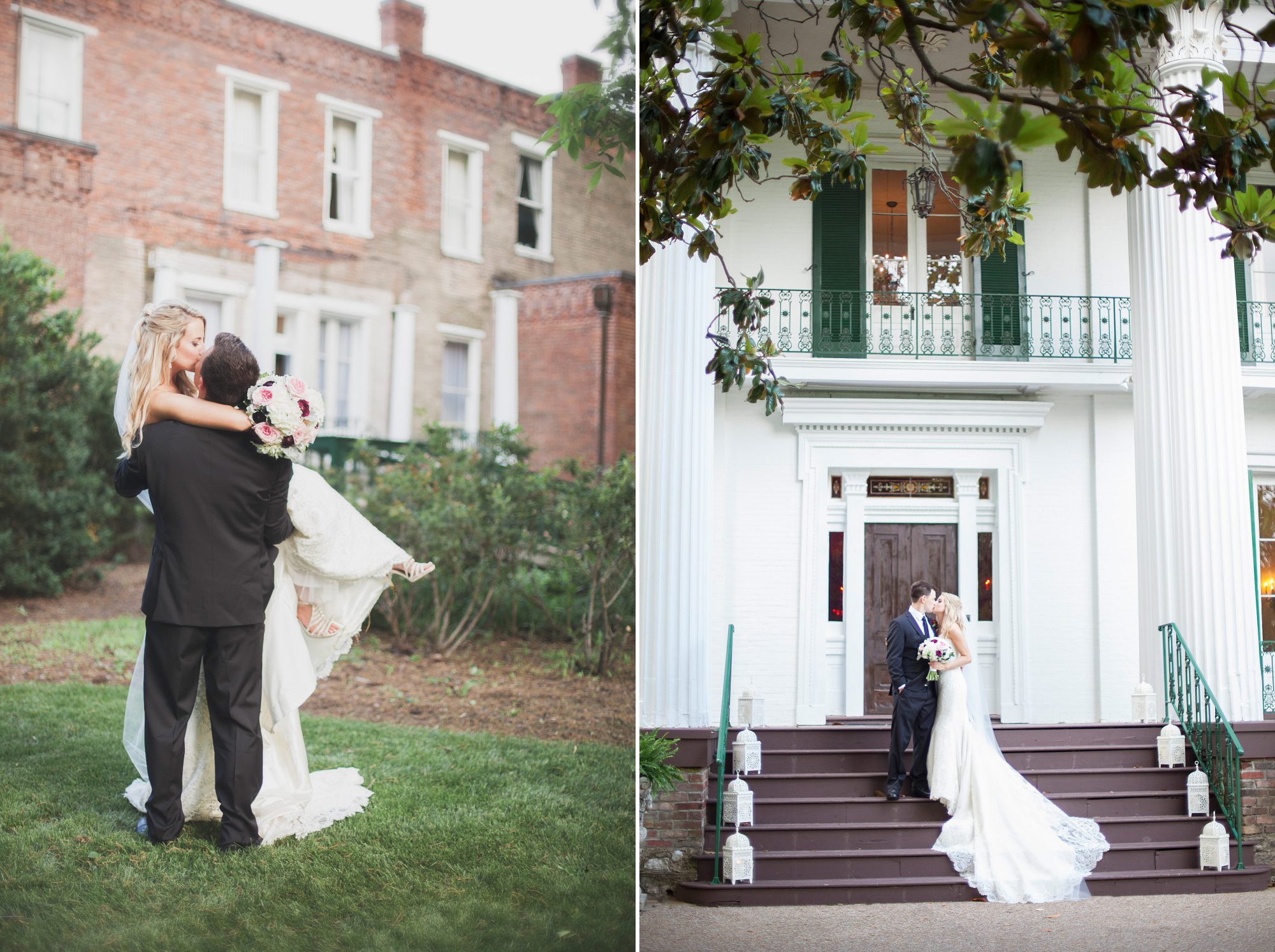 Bride and groom on steps of mansion at Riverwood Mansion in Nashville, Tennessee. Photography by Krista Lee.