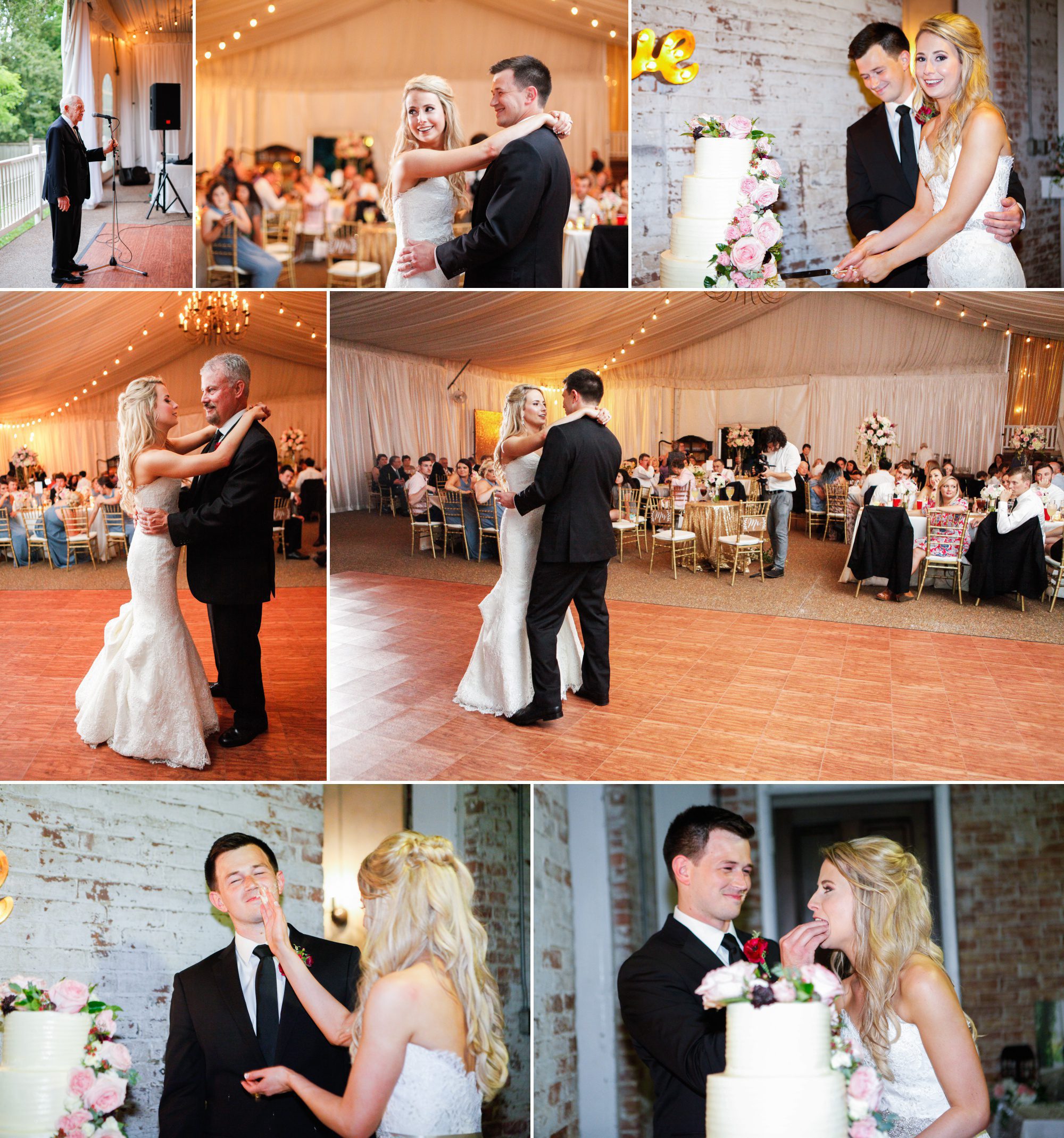Bride and groom do first dances and cake cutting at Riverwood Mansion in Nashville, Tennessee. Photography by Krista Lee.