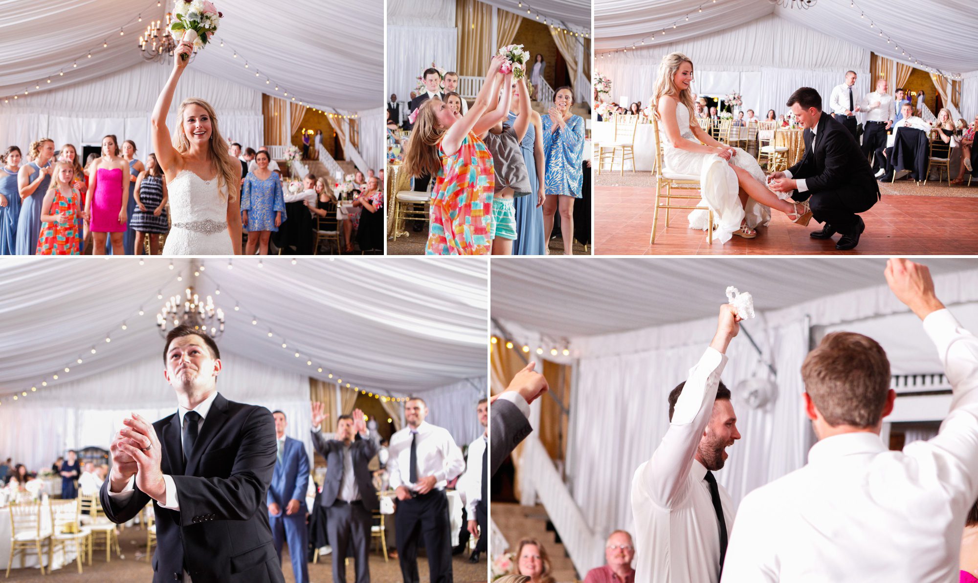 Bouquet and garter toss at wedding reception Riverwood Mansion in Nashville, Tennessee. Photography by Krista Lee.