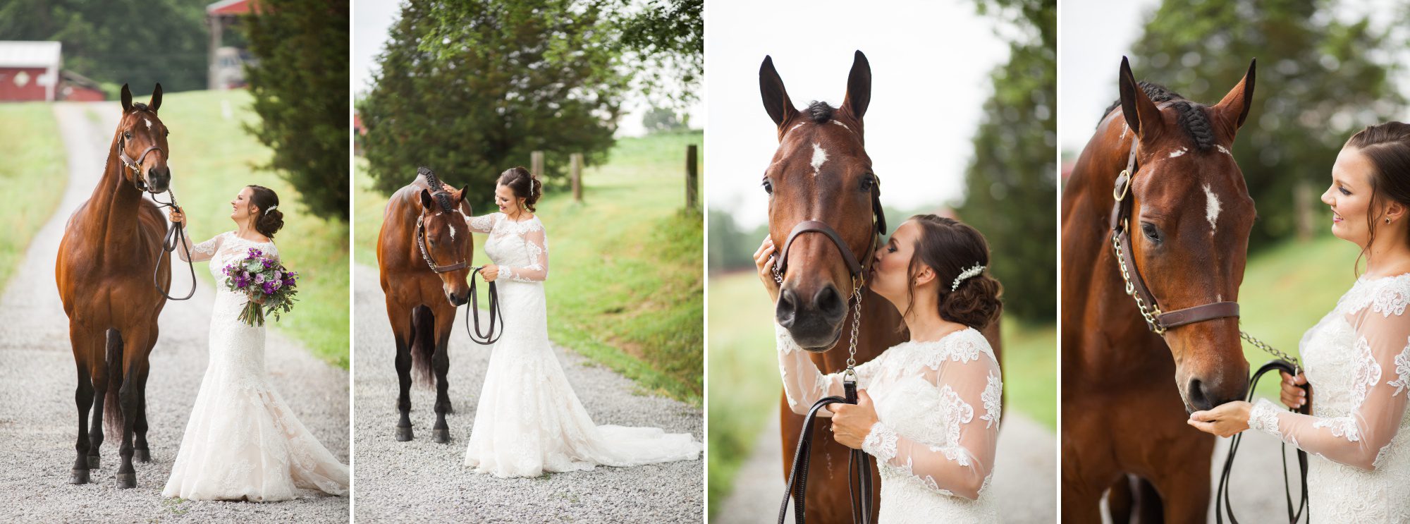 Bride poses with her Appendix Quarter Horse before summer wedding at Owen Farm in Chapmansboro, TN. Photography by Krista Lee Photography. 