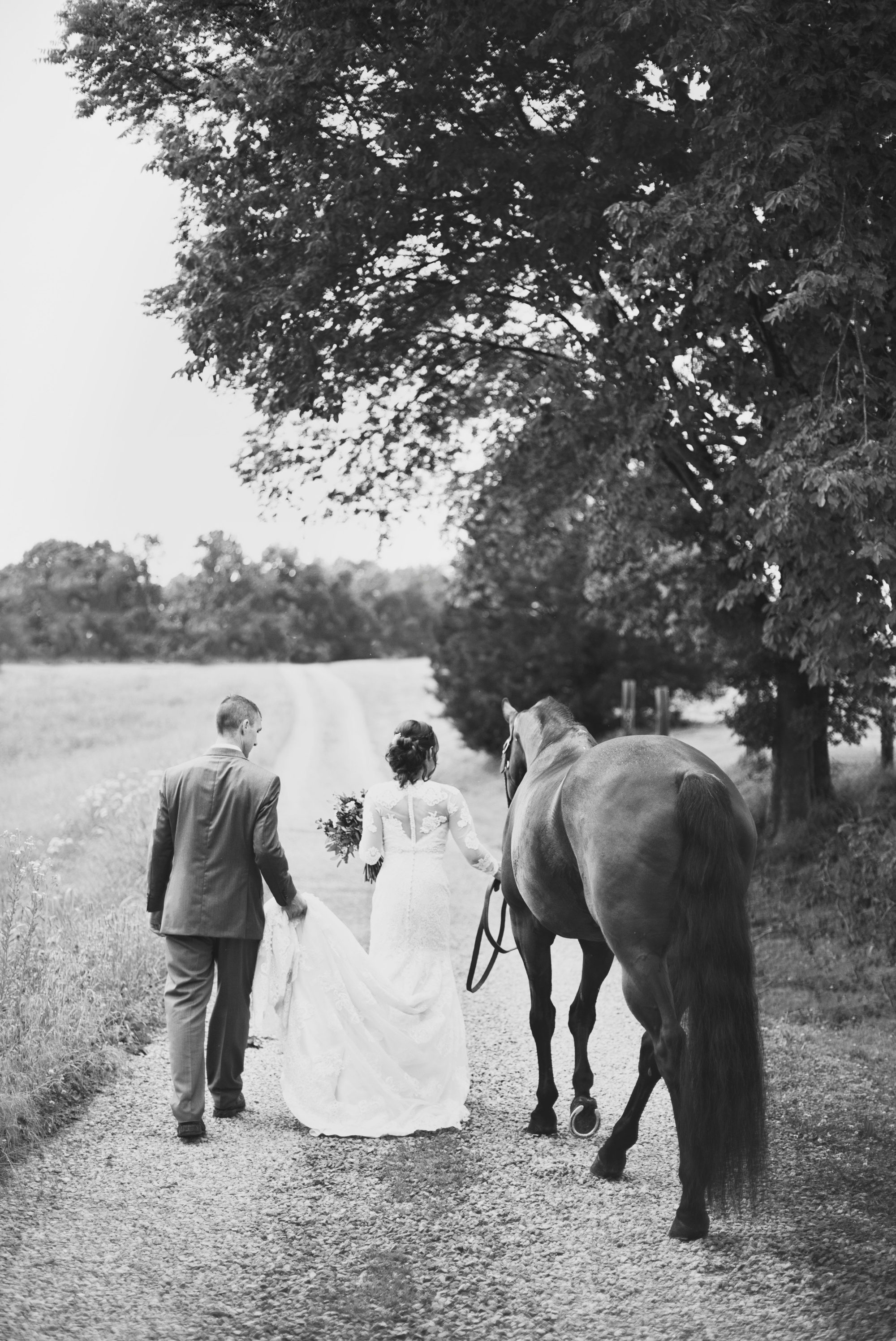 Bride and groom walk with their horse before summer wedding at Owen Farm in Chapmansboro, TN. Photography by Krista Lee Photography. 