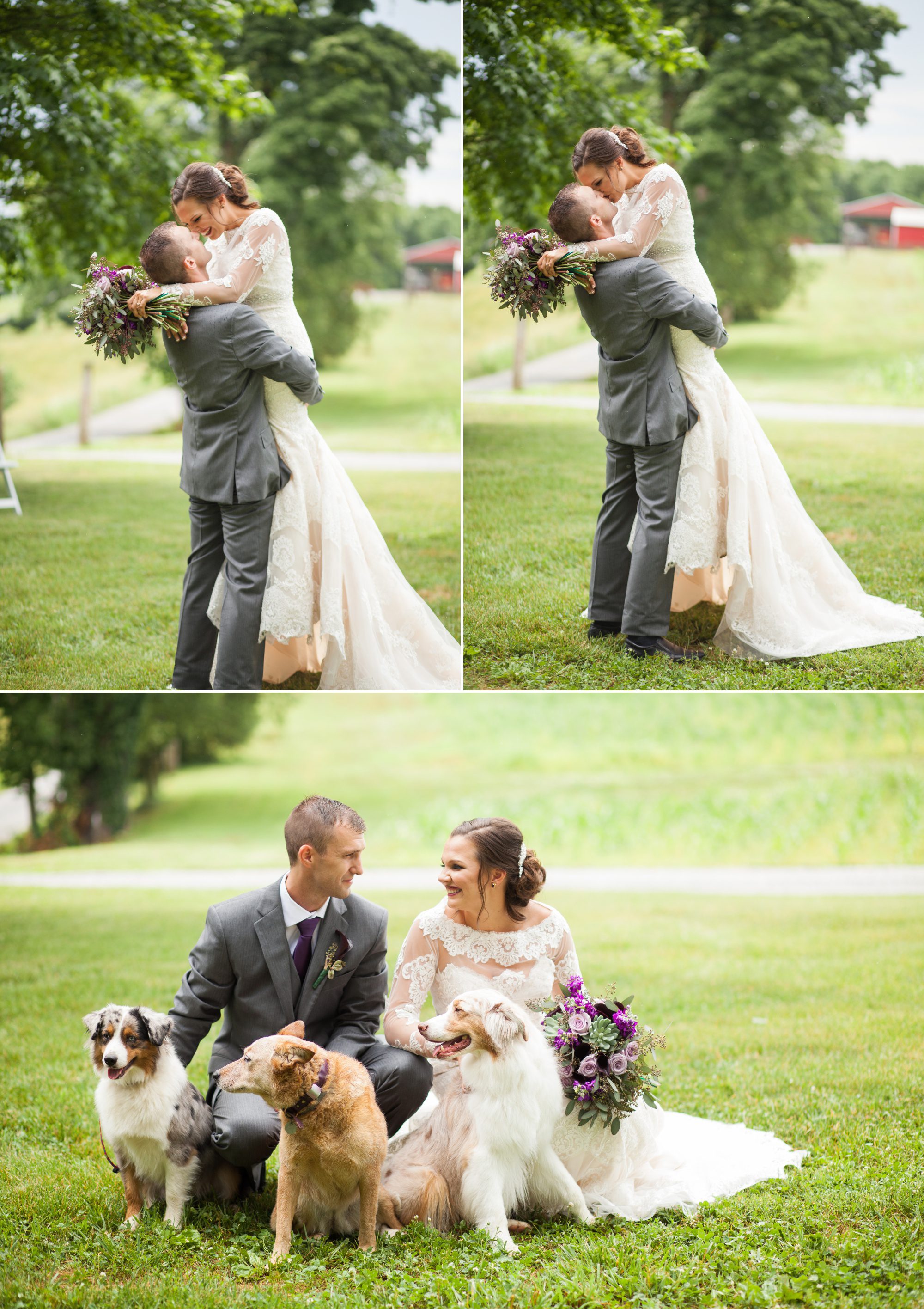 Bride and groom with dogs before summer wedding at Owen Farm in Chapmansboro, TN. Photography by Krista Lee Photography. 