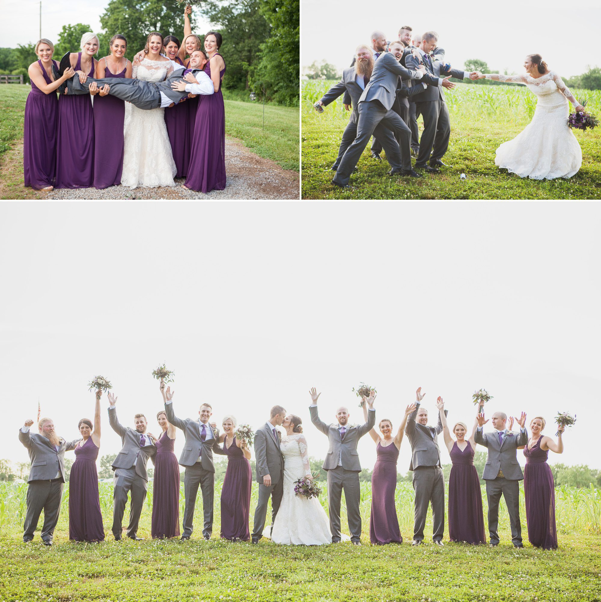 Bridal party photos with bride and groom at summer wedding at Owen Farm in Chapmansboro, TN. Photography by Krista Lee Photography. 