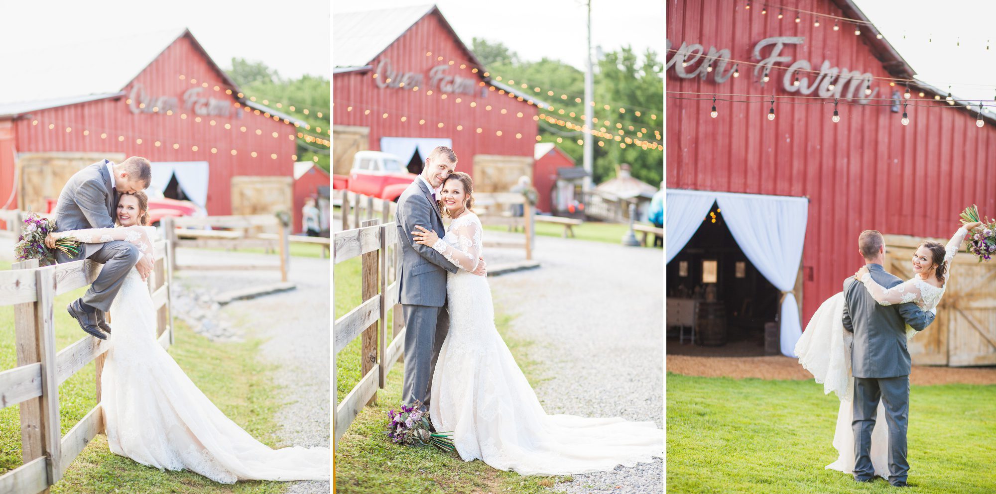 Bride and groom in front of barn at summer wedding at Owen Farm in Chapmansboro, TN. Photography by Krista Lee Photography. 