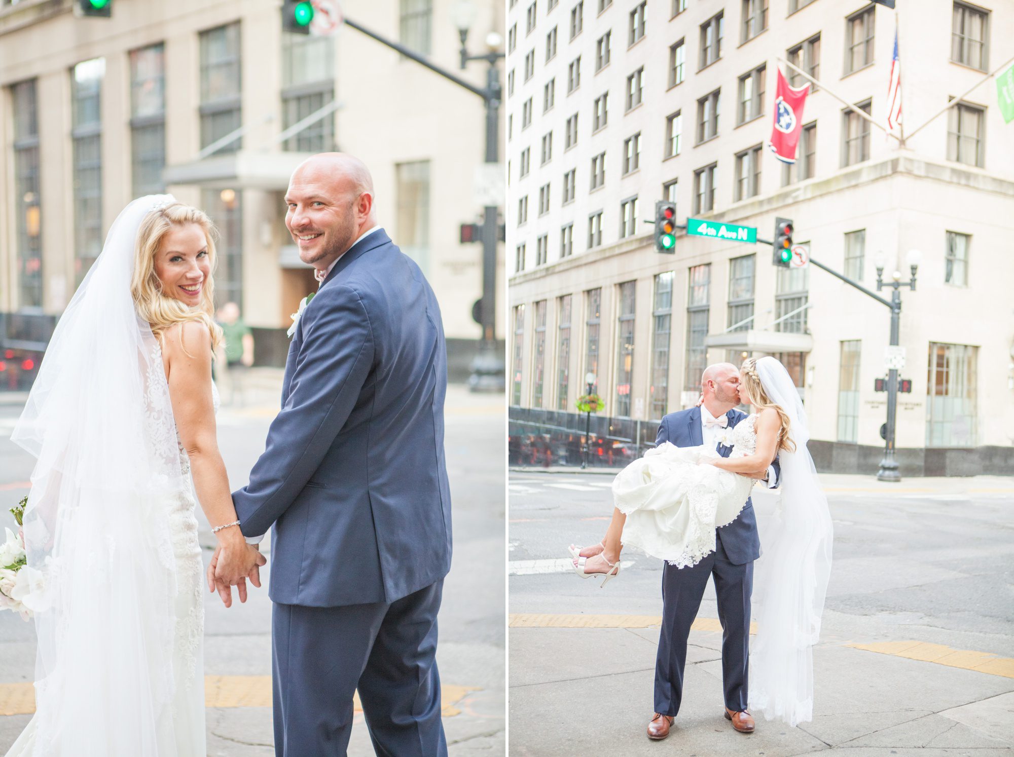 Bride and groom photos after wedding ceremony at City Club Nashville TN. Outside Courtyard Marriott Downtown Nashville. Photography by Krista Lee Photography. 