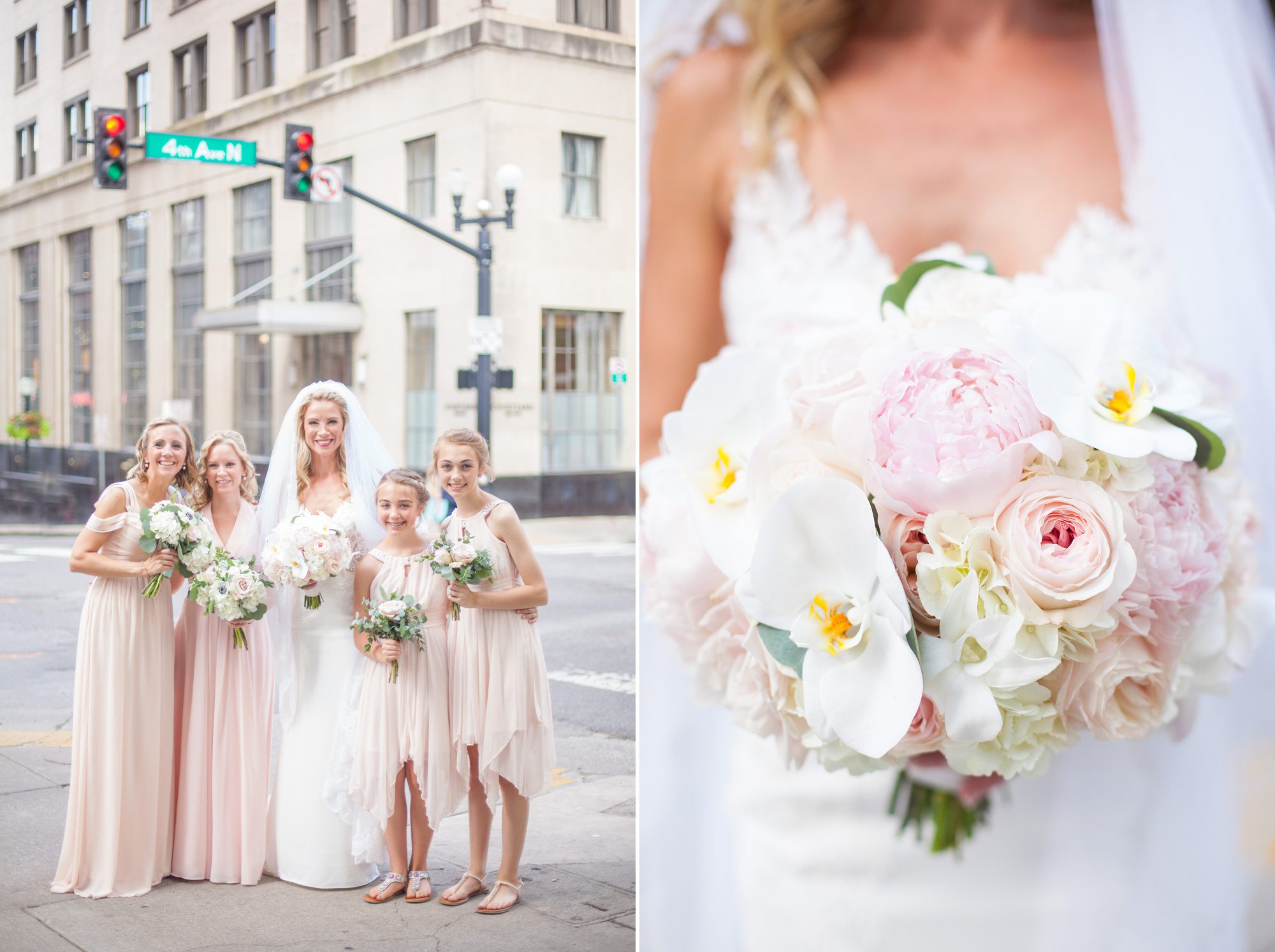 Bride and bridesmaids plus bridal bouquet at Courtyard Marriott Downtown Nashville before wedding ceremony and reception at City Club Nashville. Photos by Krista Lee Photography. 
