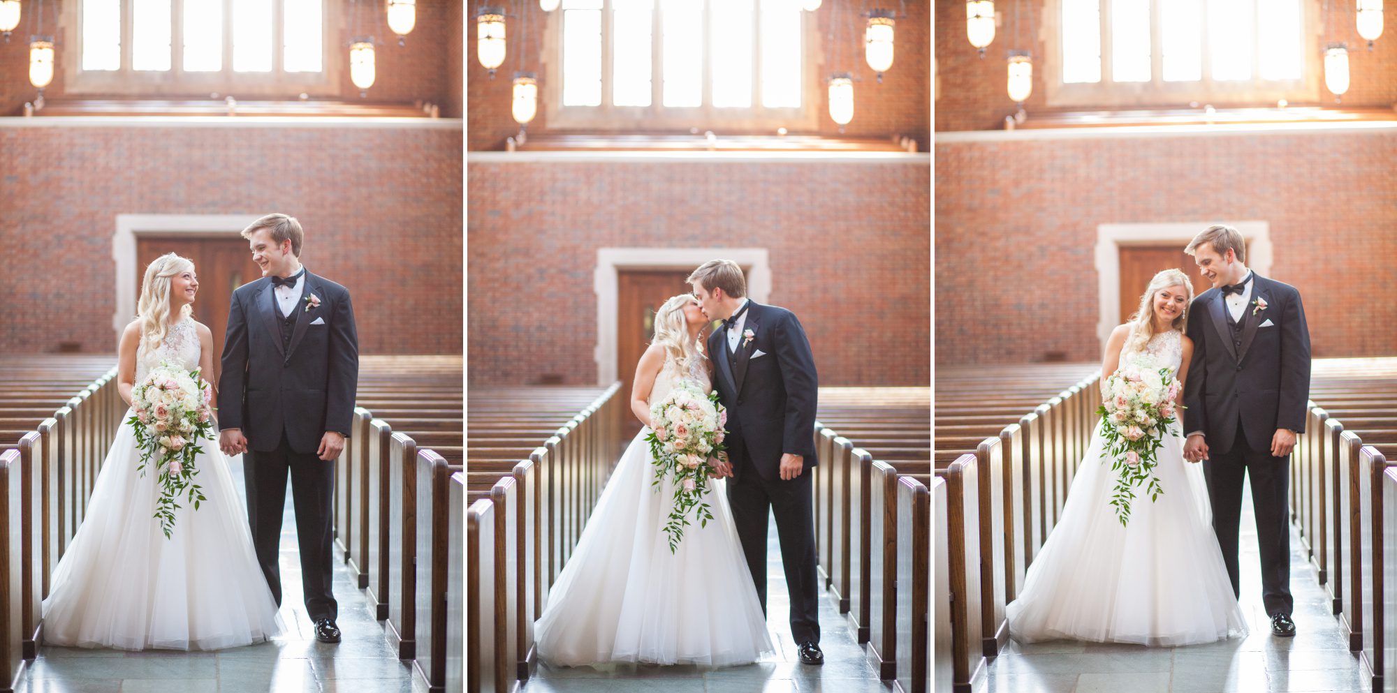 Bride and groom in Wightman Chapel at Scarritt Bennett before summer wedding ceremony in Nashville, TN. Photography by Krista Lee Photography.
