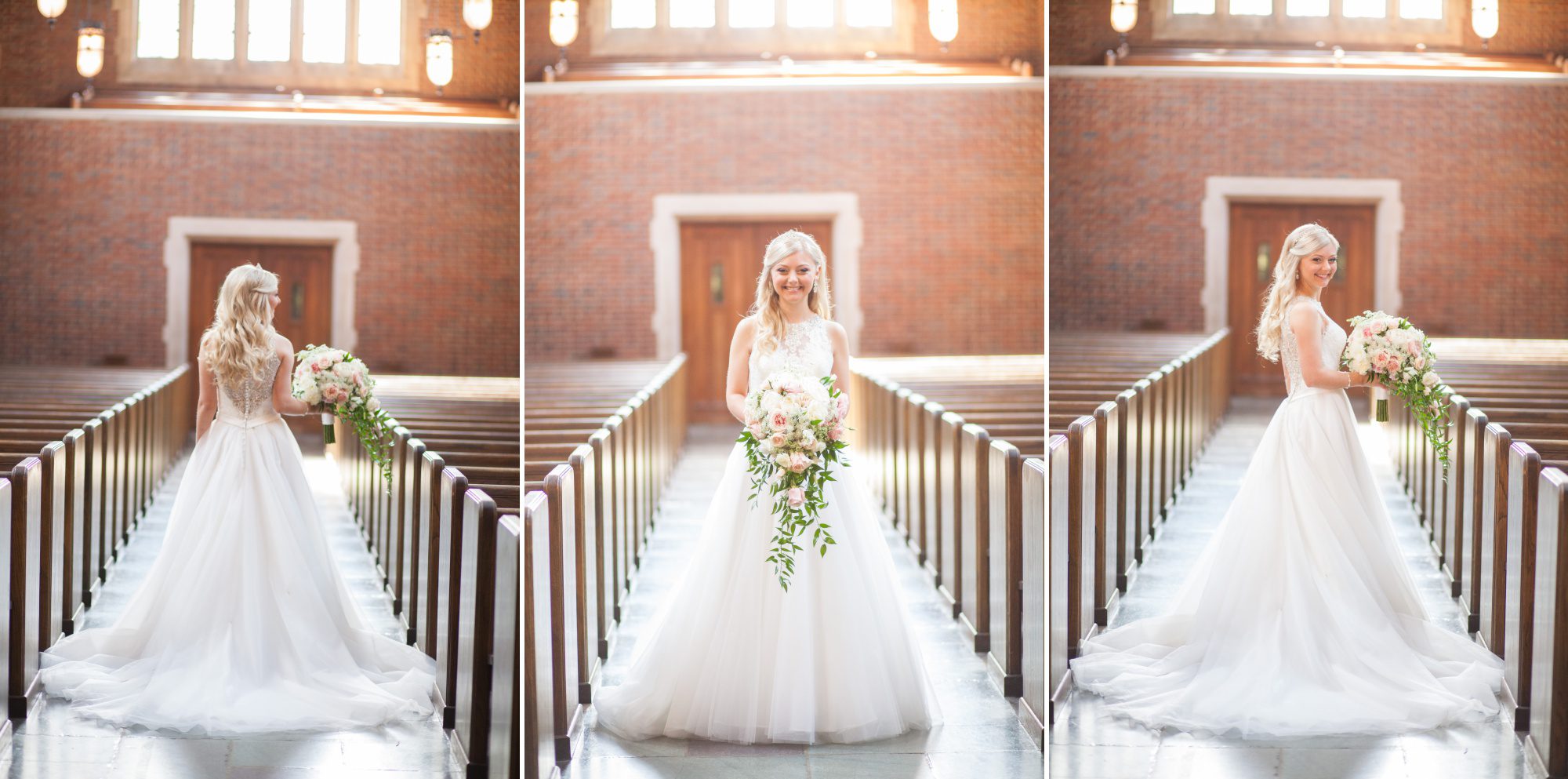Bride with her bouquet and wedding gown - Wightman Chapel at Scarritt Bennett before summer wedding ceremony in Nashville, TN. Photography by Krista Lee Photography.