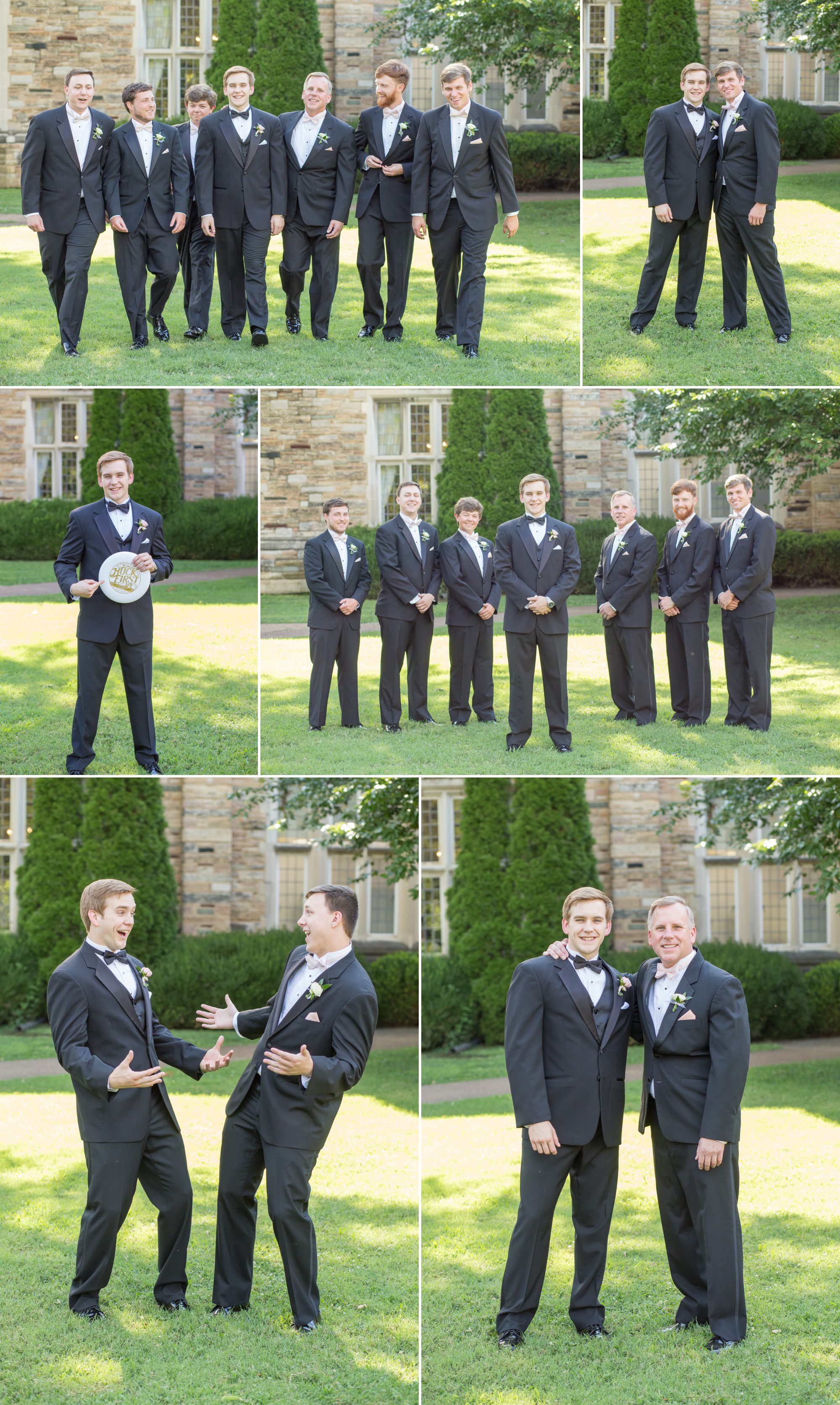 Groomsmen throw a frisbee and take photos - Wightman Chapel at Scarritt Bennett before summer wedding ceremony in Nashville, TN. Photography by Krista Lee Photography.