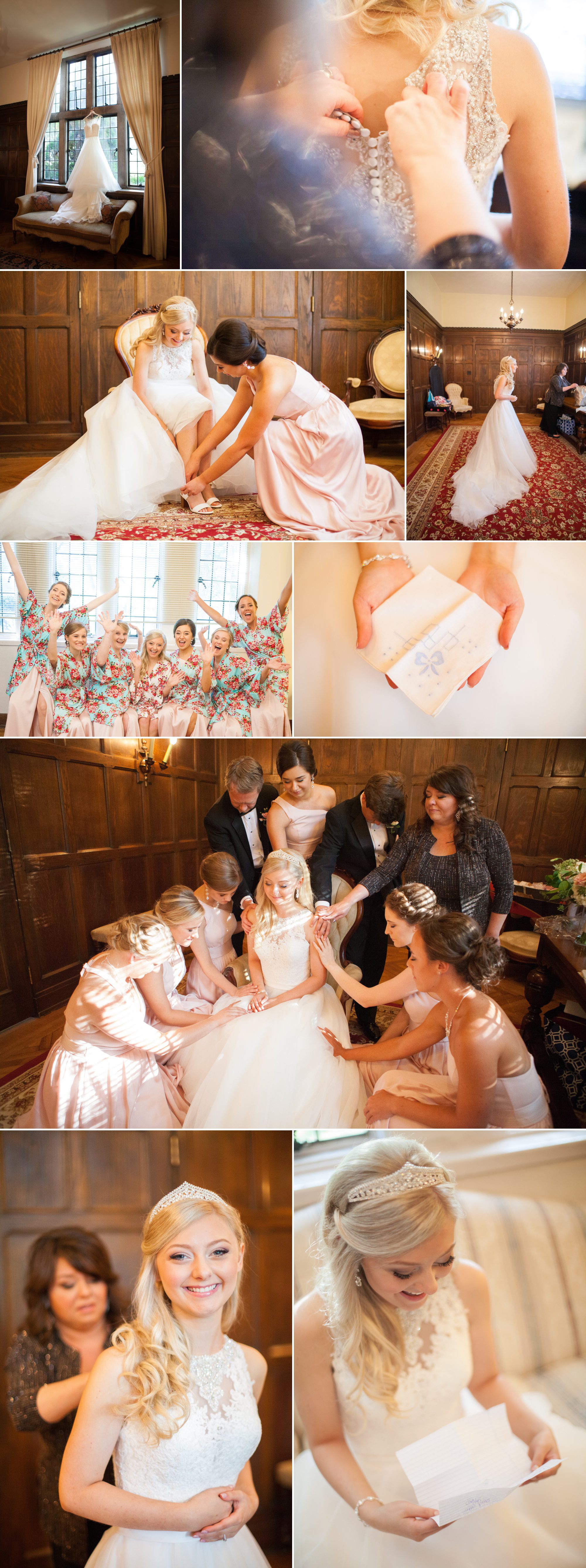 Bride gets ready with bridesmaids, wedding dress and pre ceremony prayer at Wightman Chapel at Scarritt Bennett before summer wedding ceremony in Nashville, TN. Photography by Krista Lee Photography.