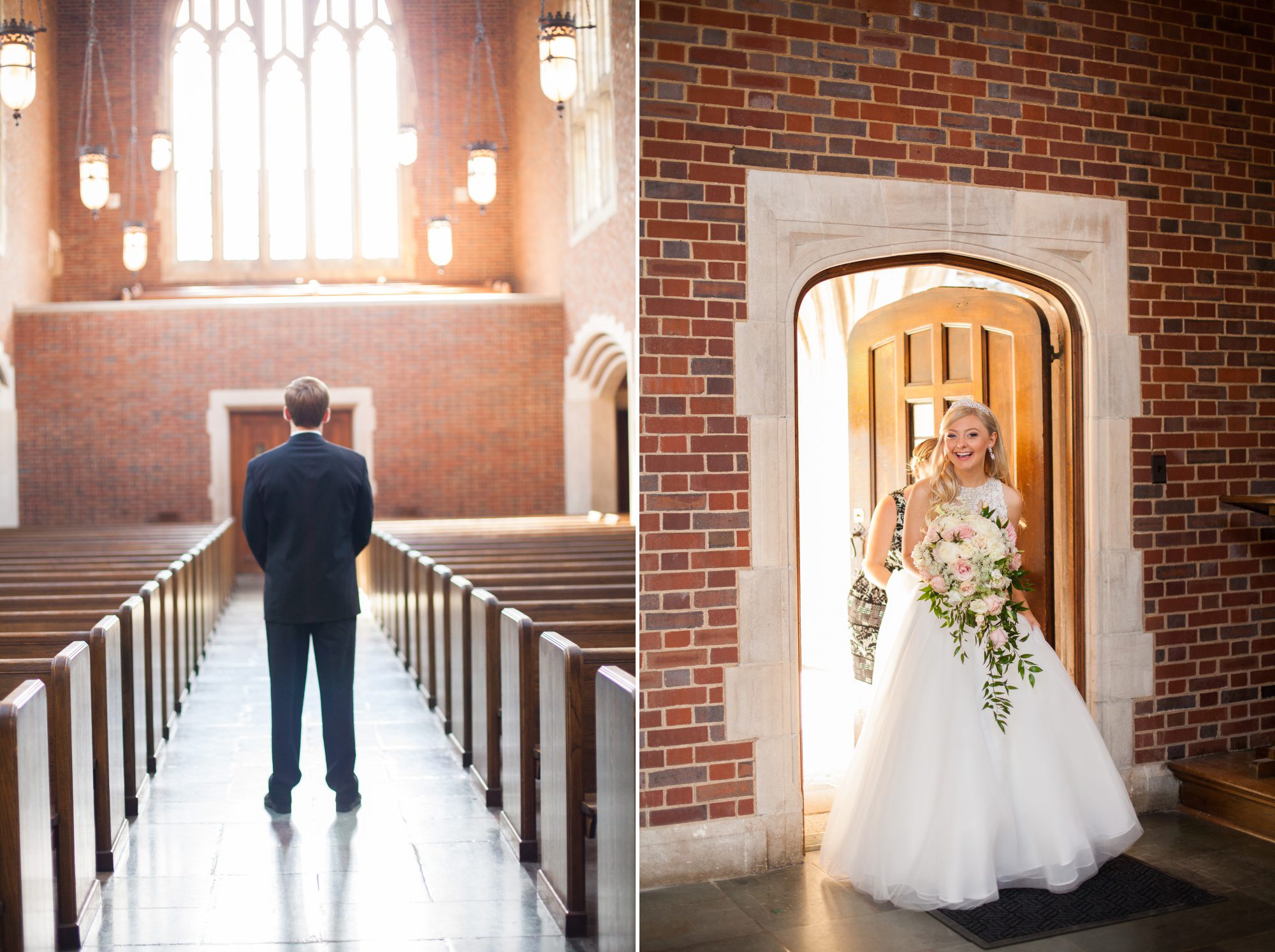 Bride and groom before first look -Wightman Chapel at Scarritt Bennett before summer wedding ceremony in Nashville, TN. Photography by Krista Lee Photography.