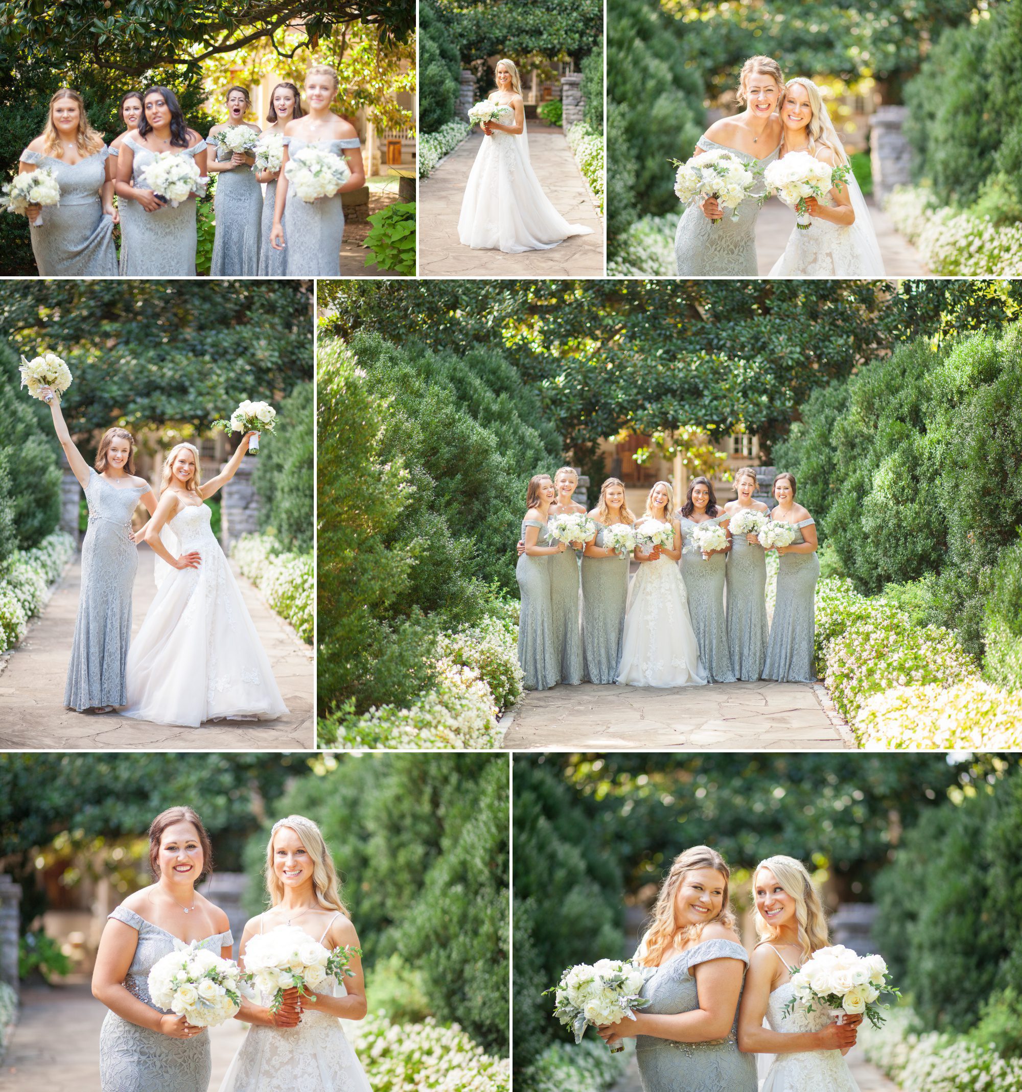 The cutest bridesmaids in grey gowns with bride pose for portraits before wedding ceremony and reception at Belle Meade Plantation in Nashville, TN. Photos by Krista Lee Photography 