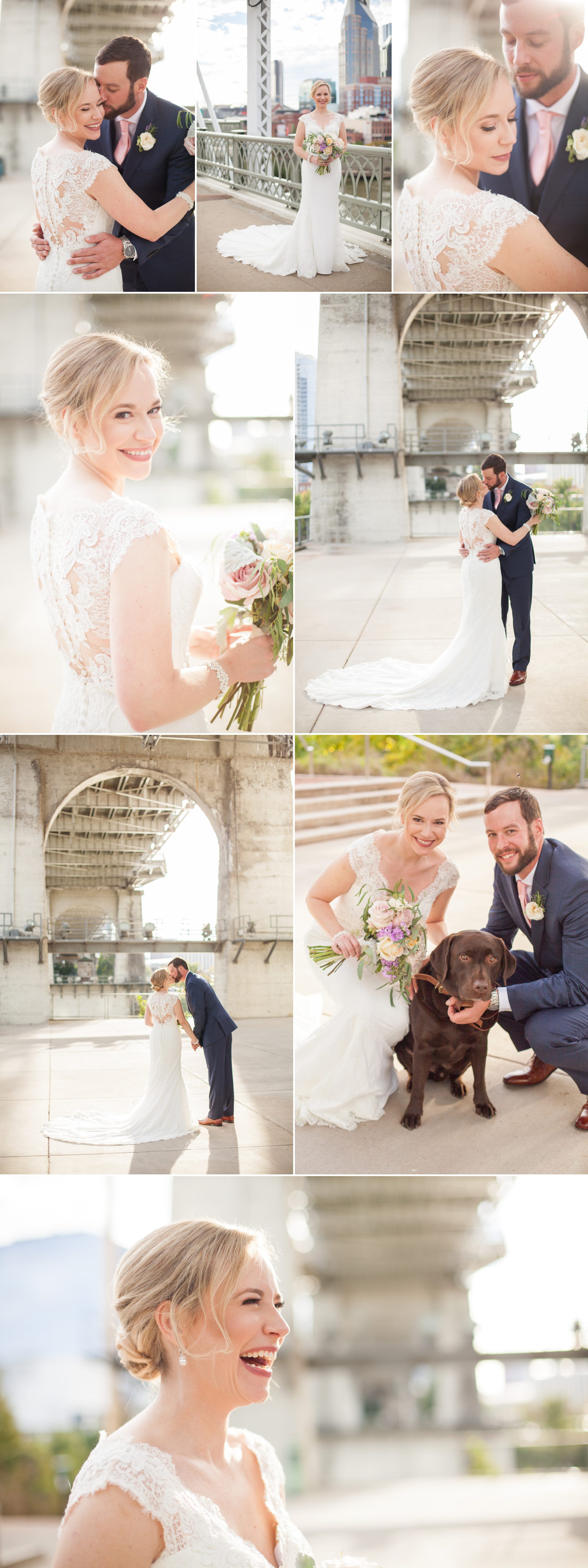 bride and groom wedding photography with dog under pedestrian bridge before wedding photography at Musicians Hall of Fame in Nashville TN photos by Krista Lee 