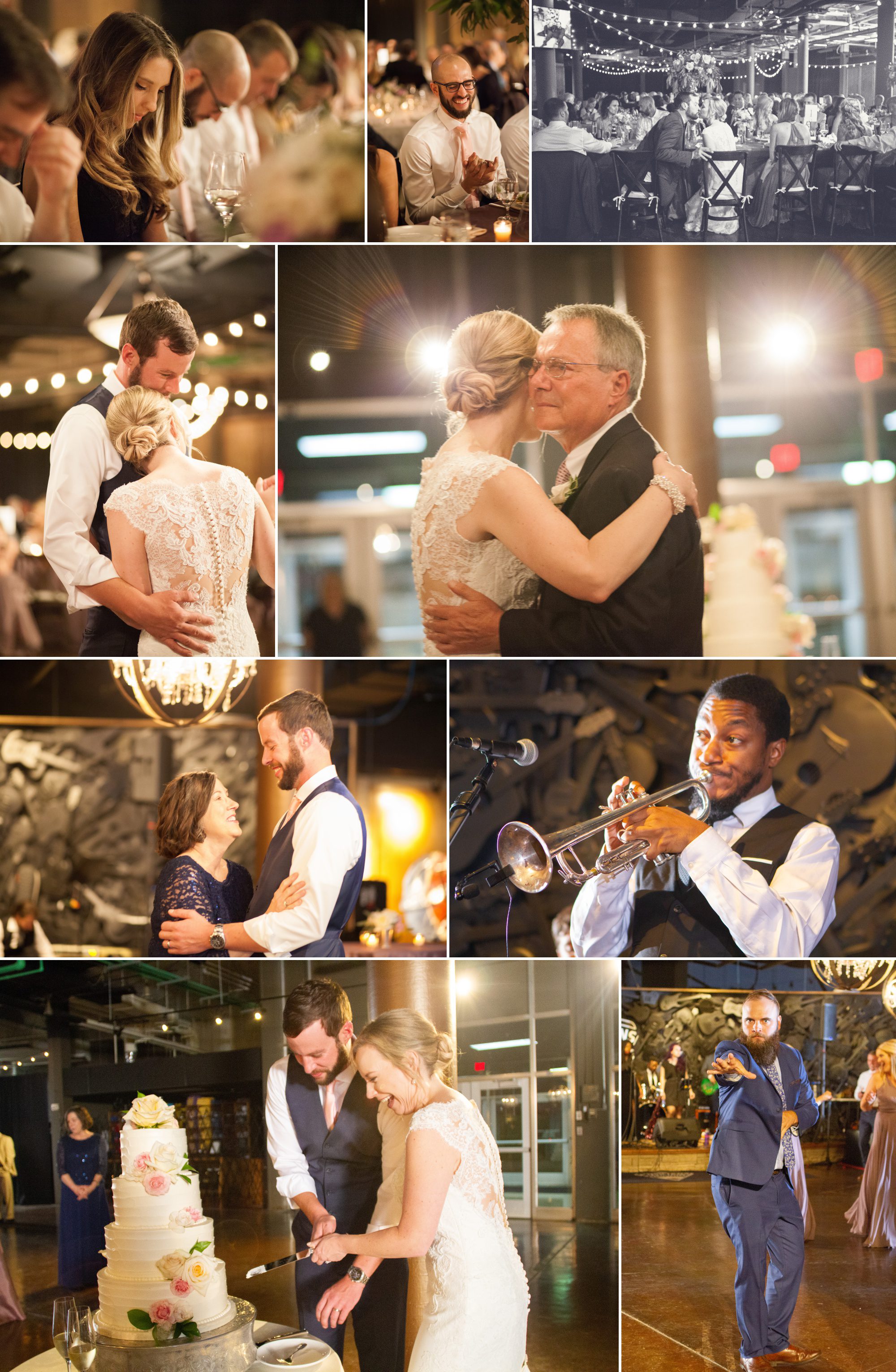 Guests enjoy dinner and dancing at wedding reception after wedding photography at Musicians Hall of Fame in Nashville TN photos by Krista Lee 