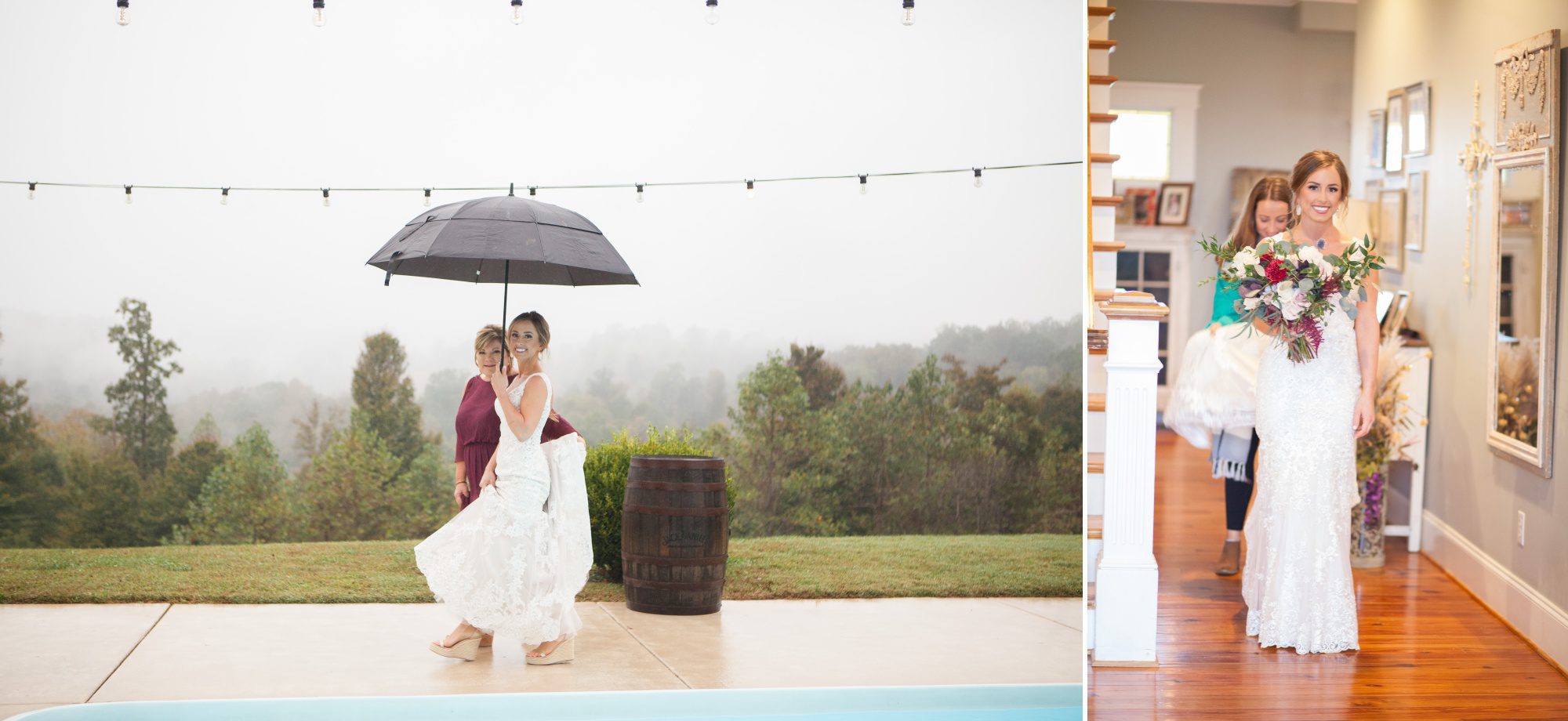 Rainy day wedding, walking to first look before wedding reception details before wedding ceremony photography at Front Porch Farms, Wedding photography by Krista Lee
