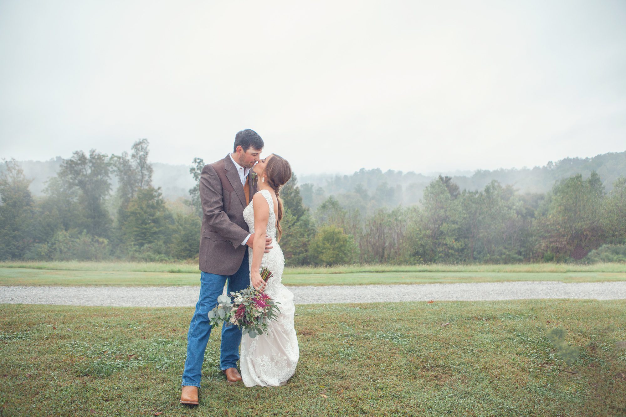 Bride and groom pose for photo in mist before wedding reception details before wedding ceremony photography at Front Porch Farms, Wedding photography by Krista Lee