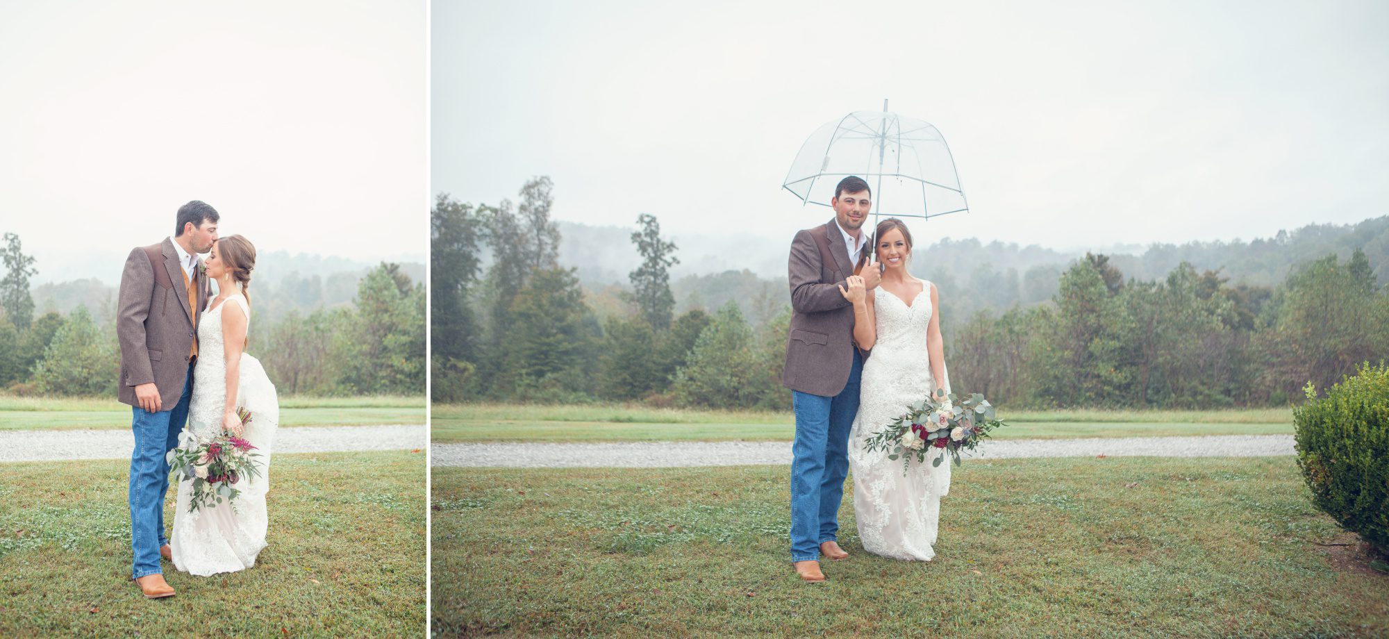 Bride and groom pose for rainy day photo in mist before wedding reception details before wedding ceremony photography at Front Porch Farms, Wedding photography by Krista Lee